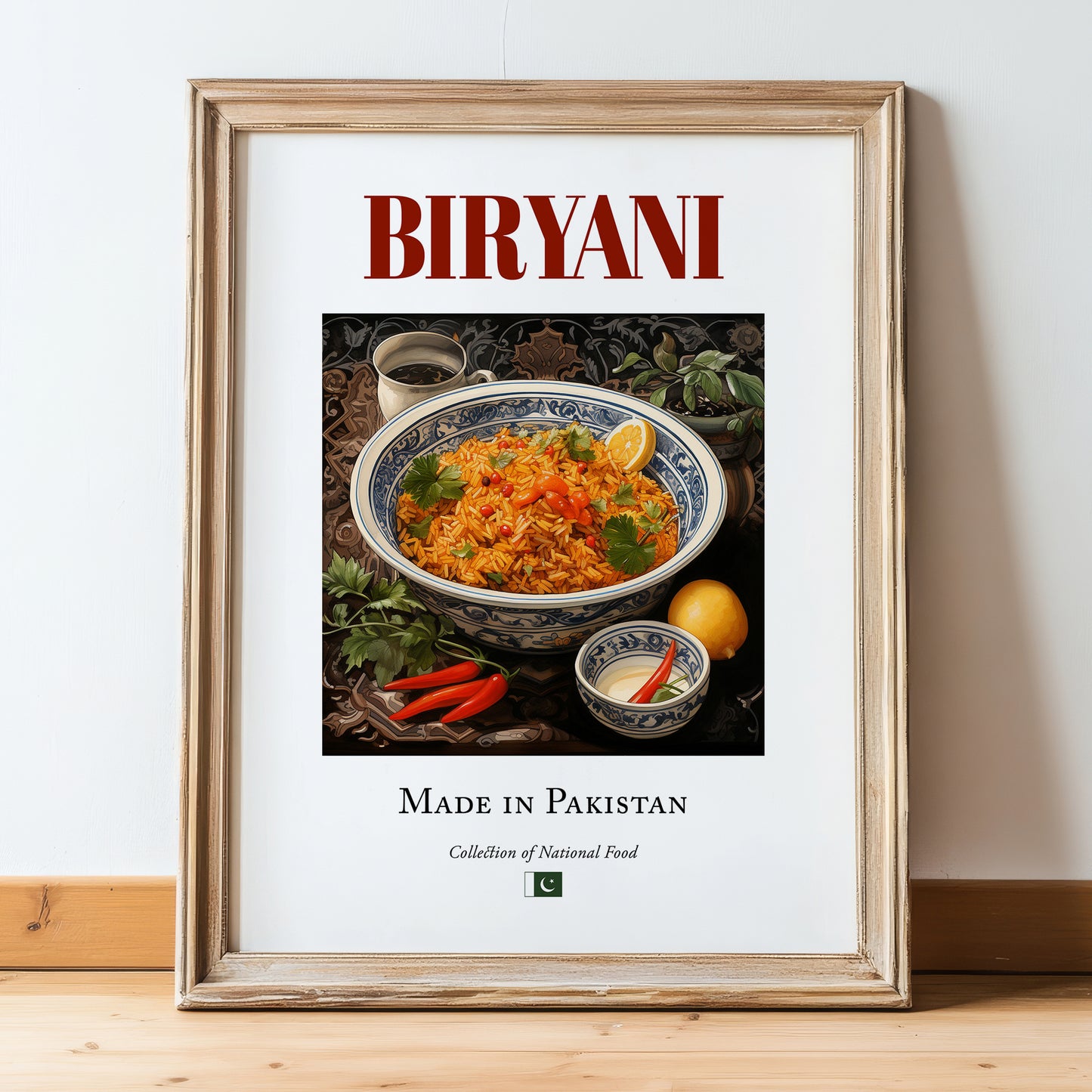 Byriani – Pakistani Rice Dish, Tavern Poster, in wooden frame leaning on the floor