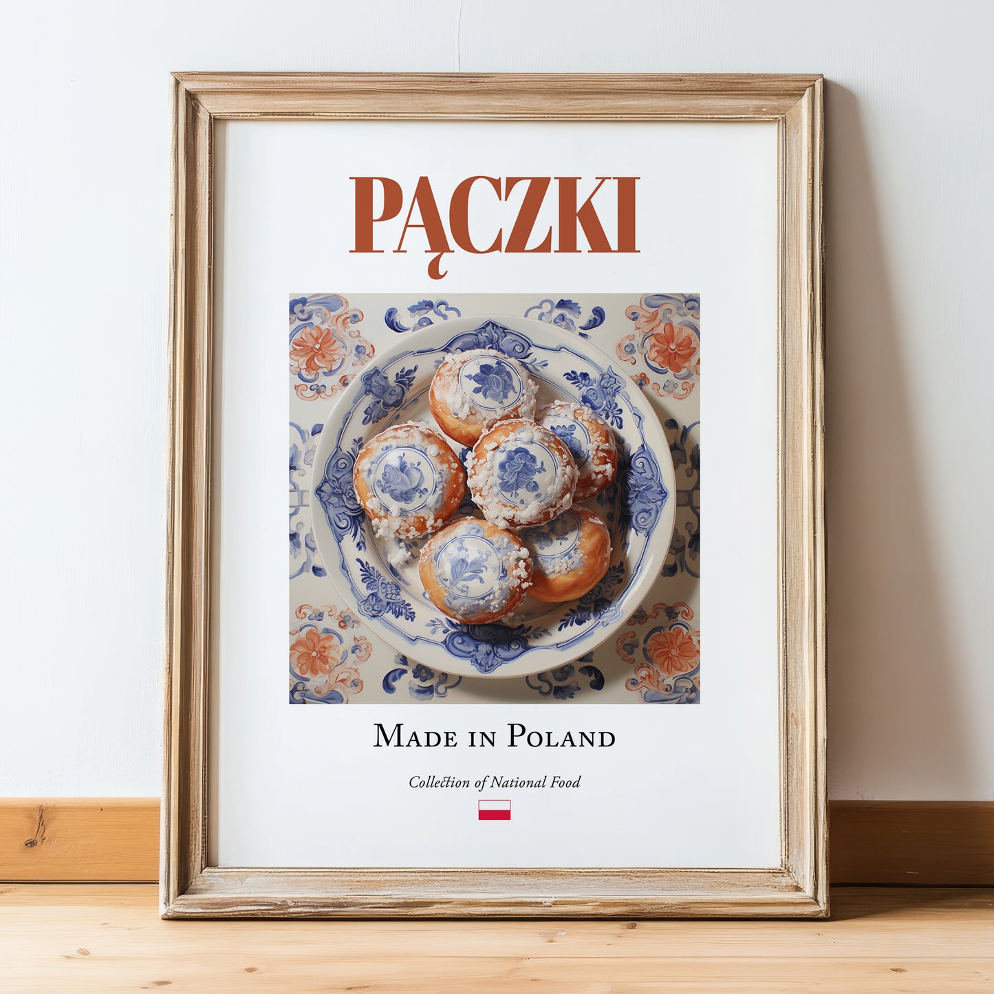 Pączki – Polish Dessert Dish, Café Poster, in wooden frame leaning on the floor