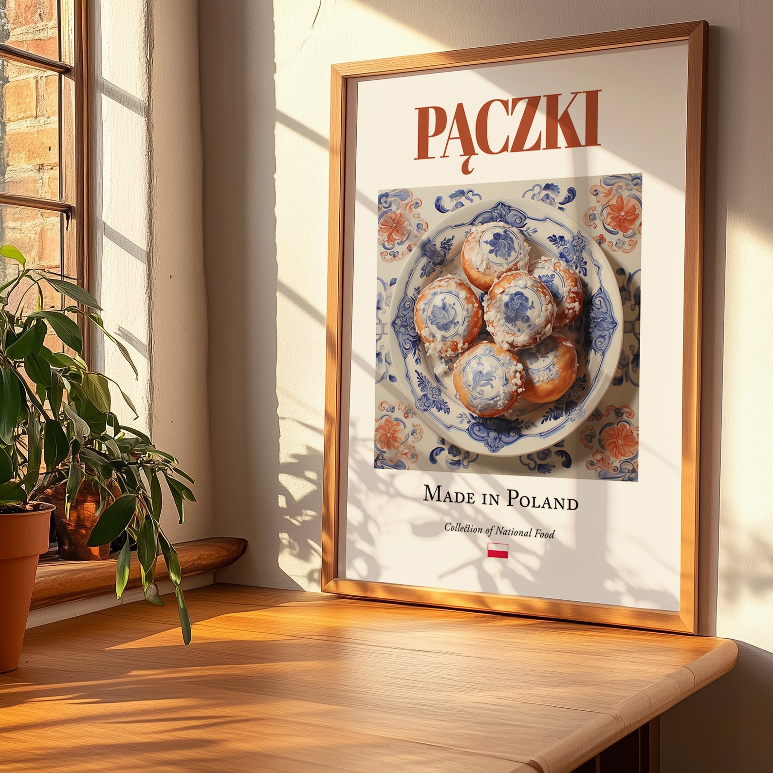 Pączki – Polish Dessert Dish, Café Poster, no-text version framed in wood