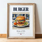 Burger – American Snack Dish, Café Art, in wooden frame leaning on the floor