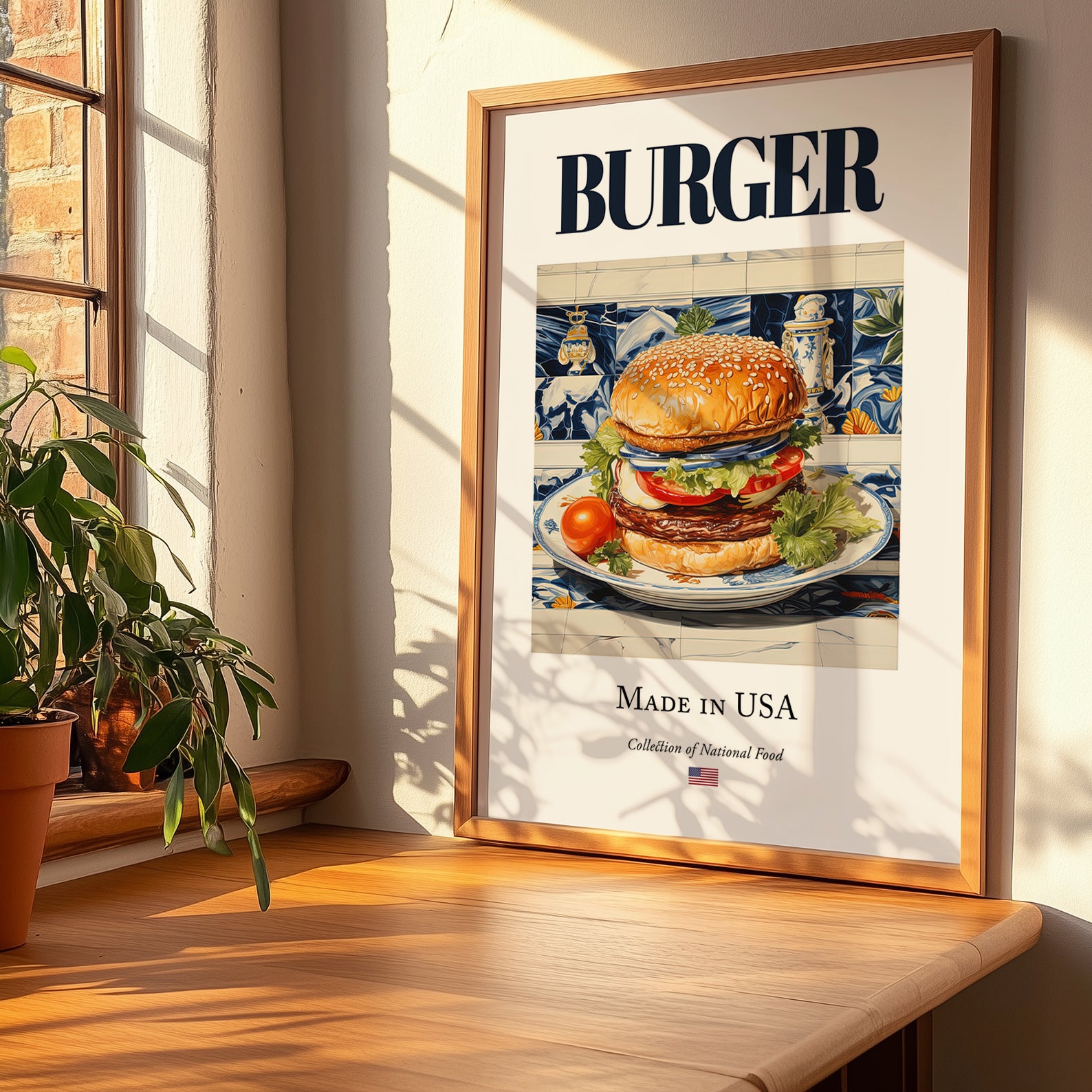 Burger – American Snack Dish, Café Art, no-text version framed in wood