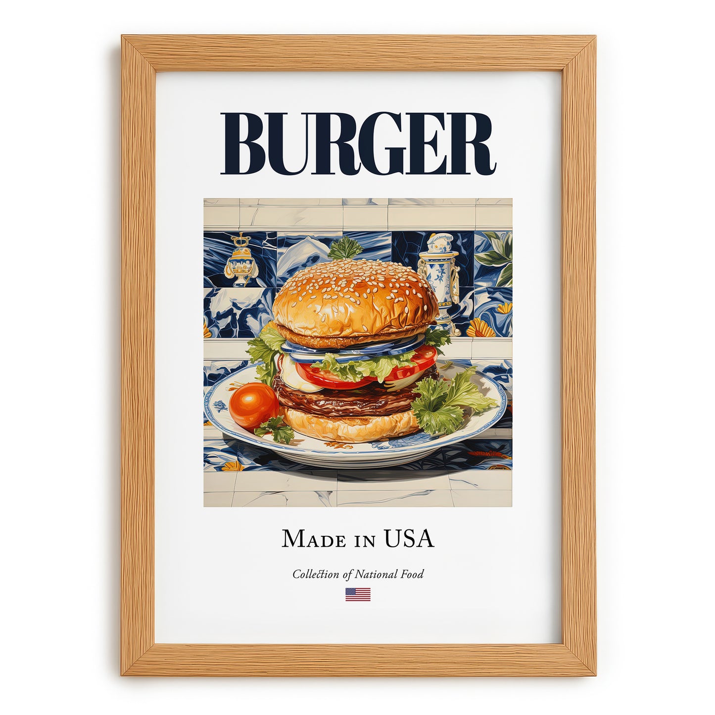 Burger – American Snack Dish, Café Art, set in oak frame