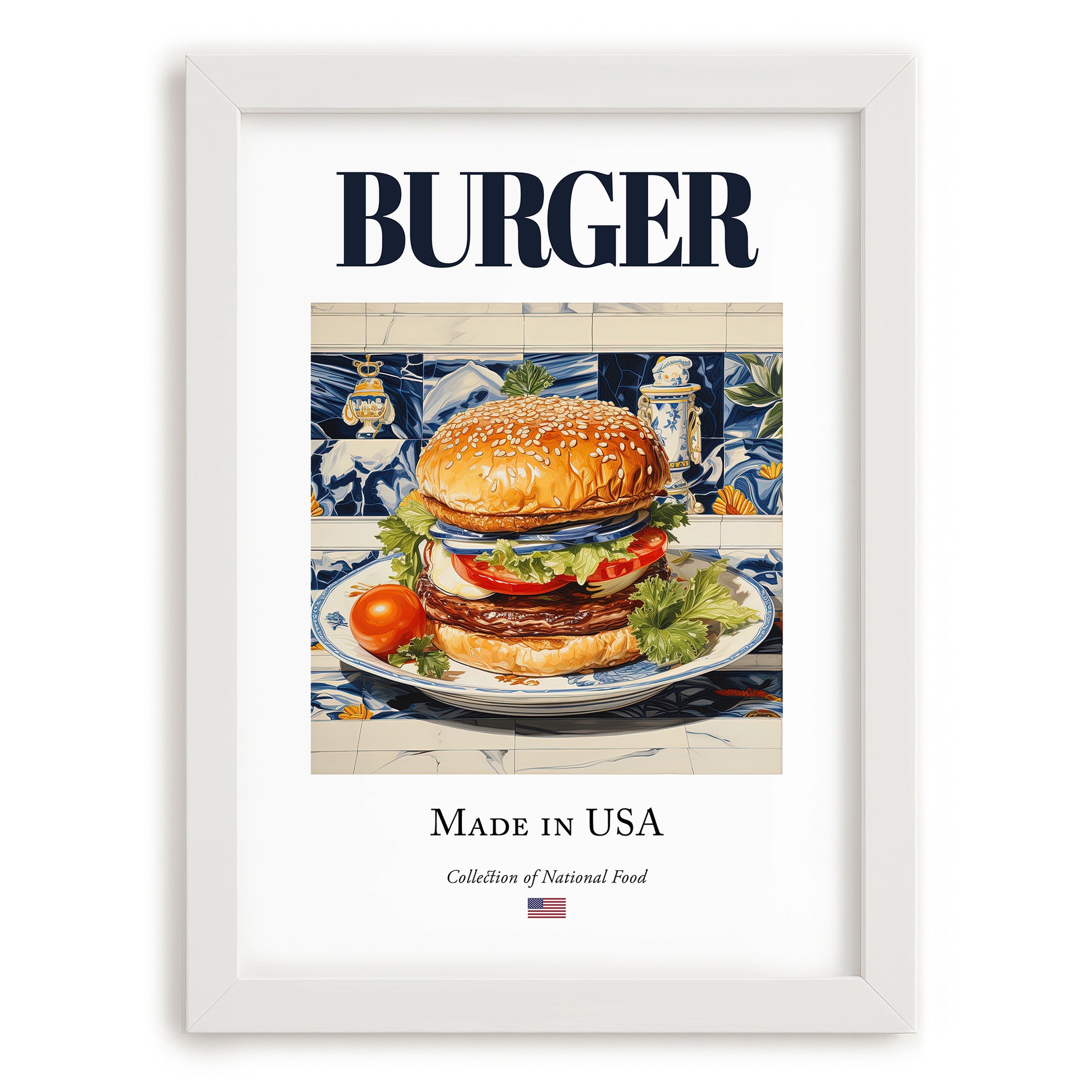 Burger – American Snack Dish, Café Art, placed in minimal white frame