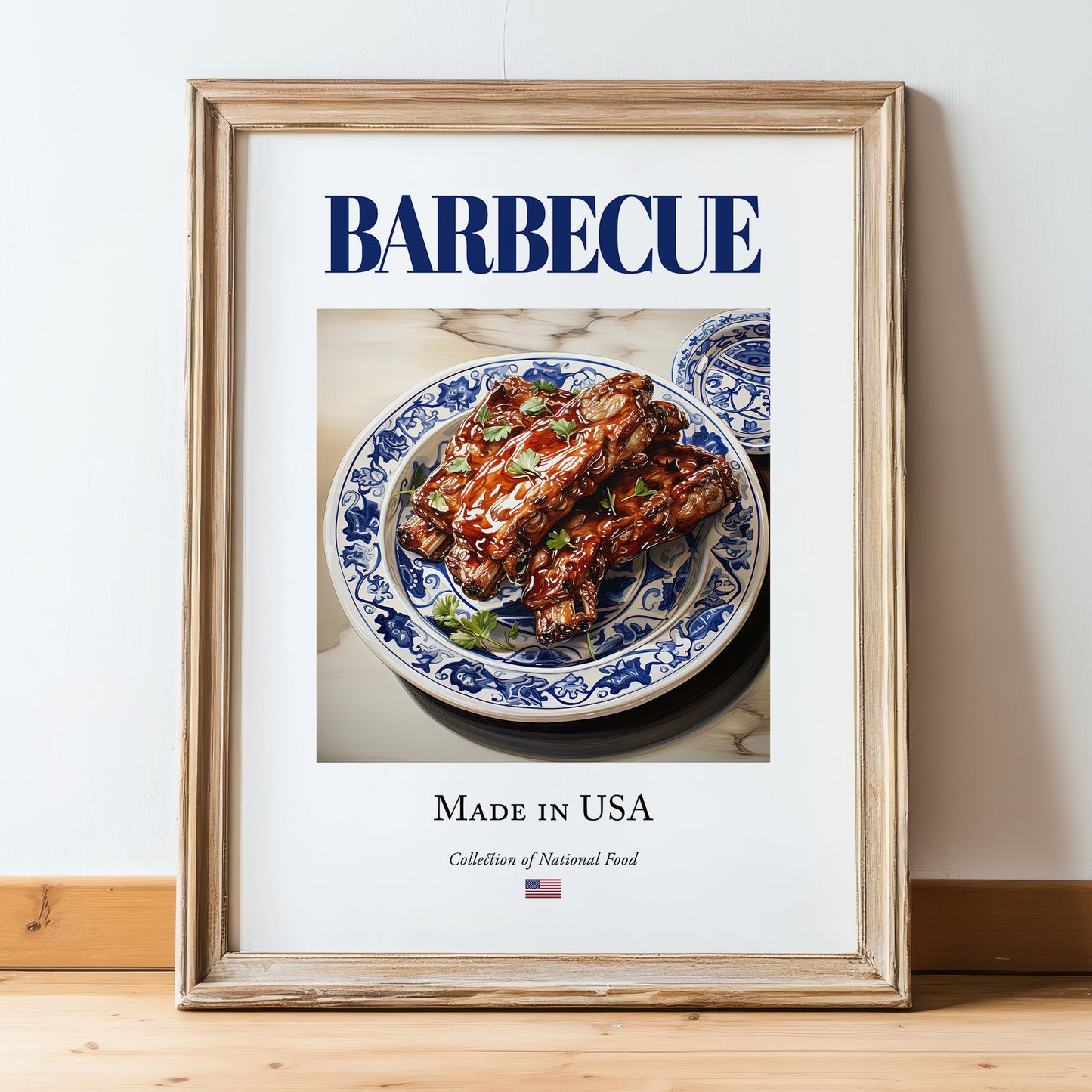 Barbecue – American Meat Dish, Café Poster, in wooden frame leaning on the floor