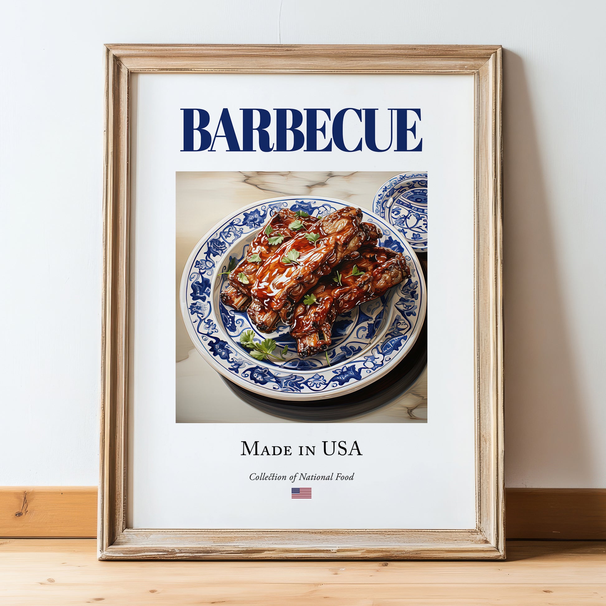 Barbecue – American Meat Dish, Café Poster, in wooden frame leaning on the floor