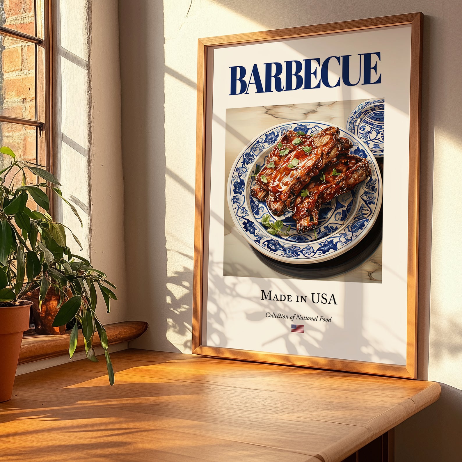Barbecue – American Meat Dish, Café Poster, no-text version framed in wood