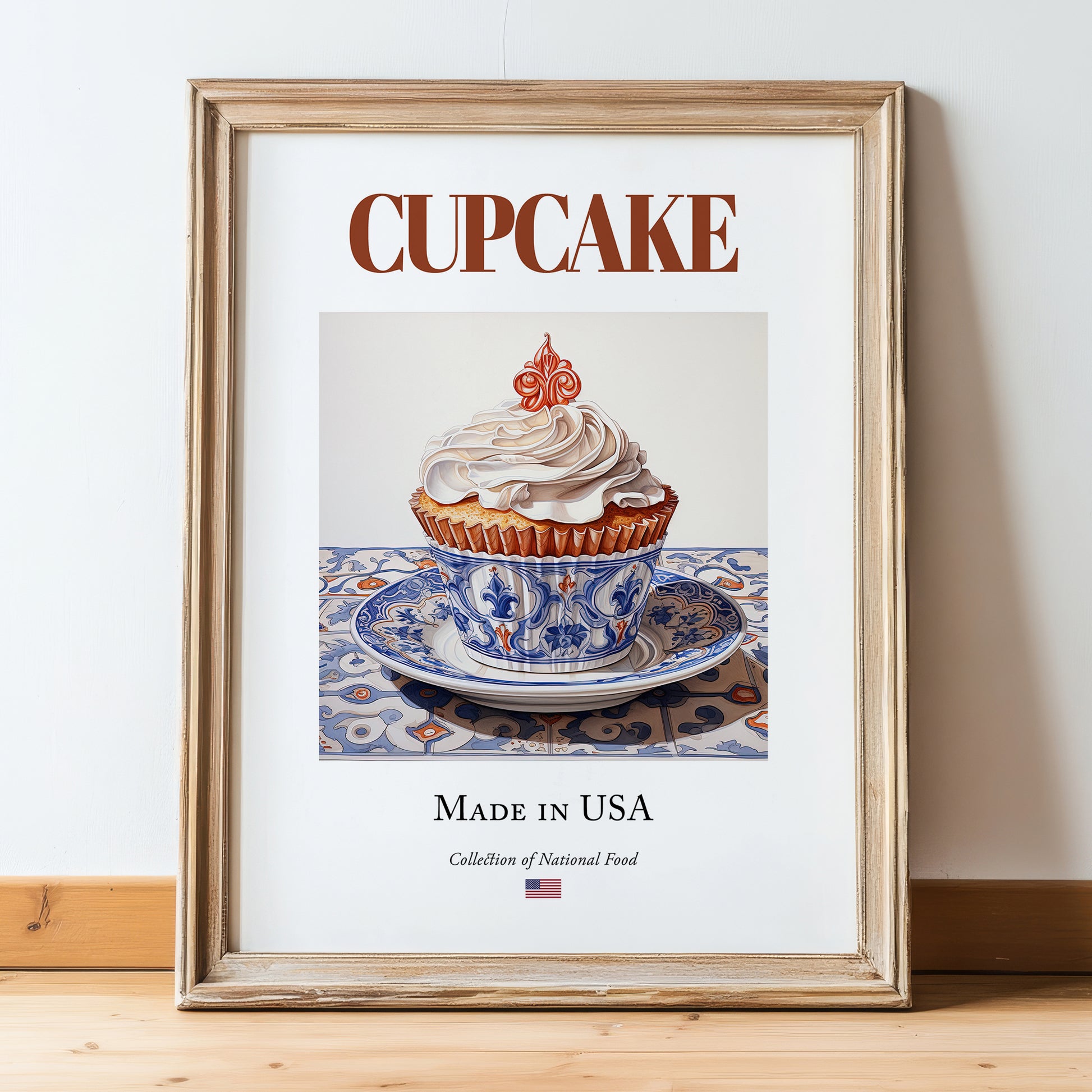 Cupcake – American Dessert Dish, Café Wall Decor, in wooden frame leaning on the floor