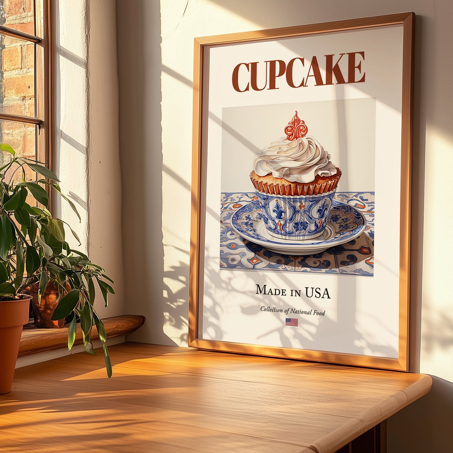 Cupcake – American Dessert Dish, Café Wall Decor, no-text version framed in wood