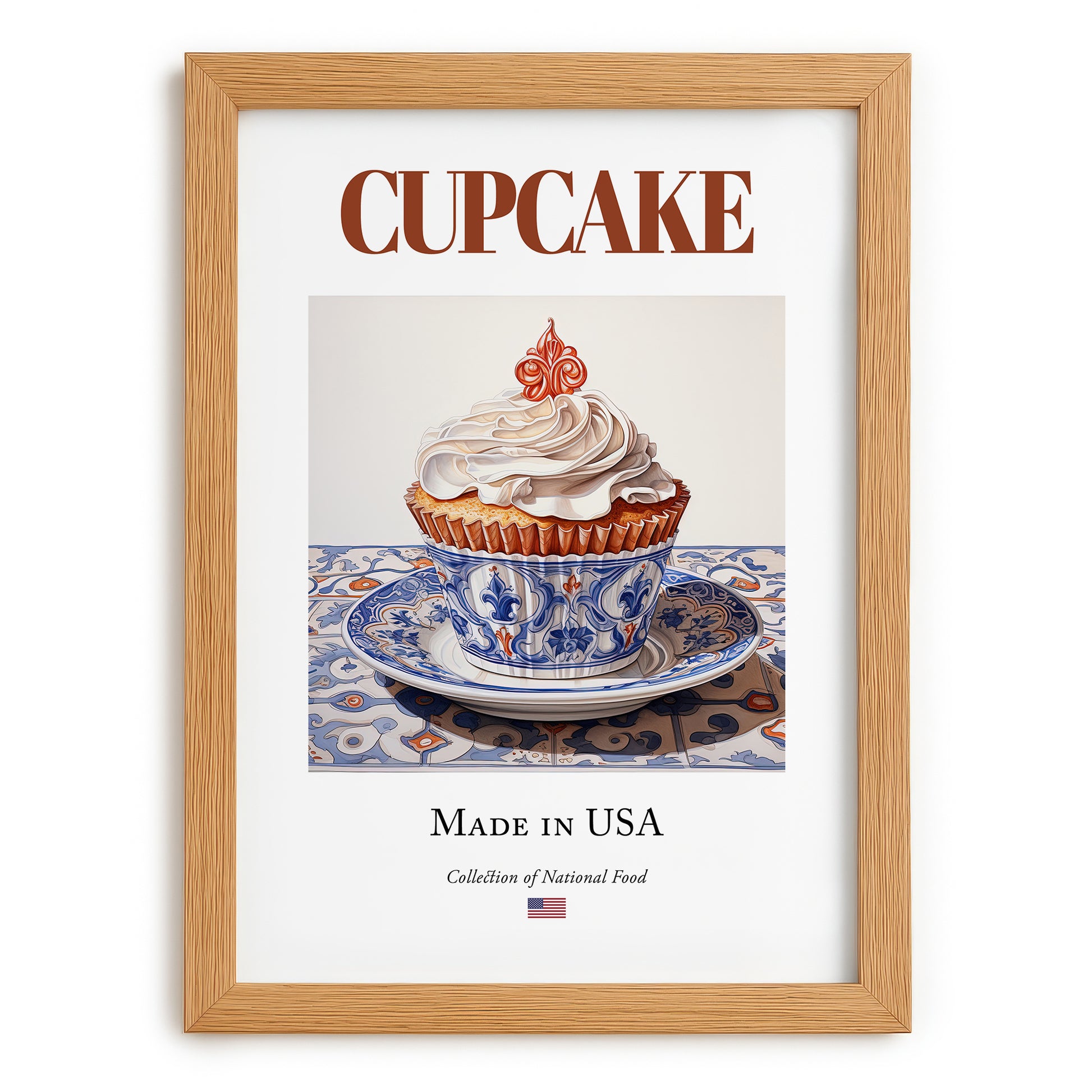 Cupcake – American Dessert Dish, Café Wall Decor, set in oak frame