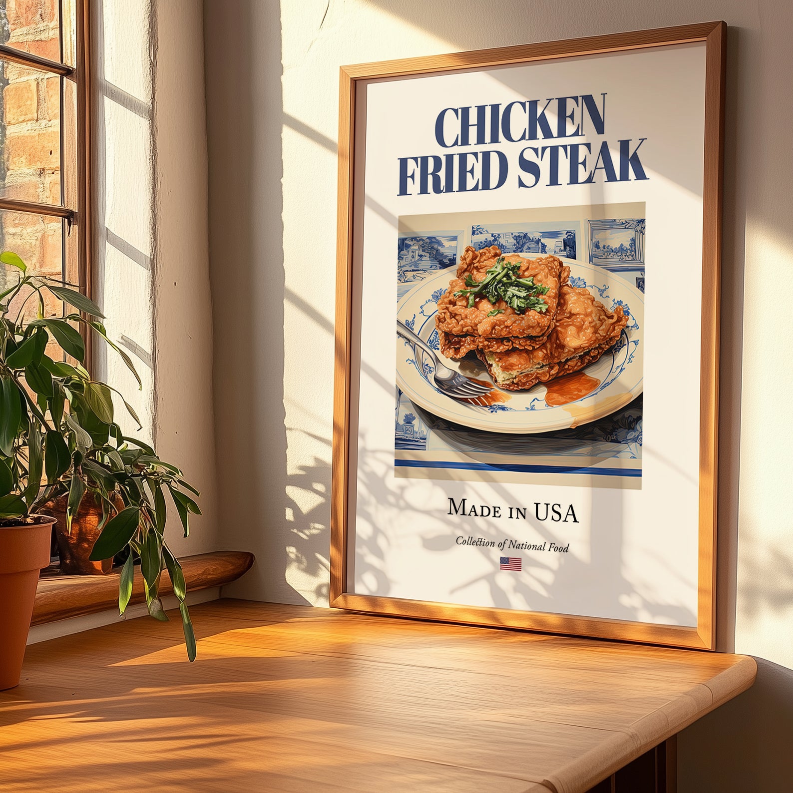 Chicken Fried Steak – American Meat Dish, Bistro Print, no-text version framed in wood
