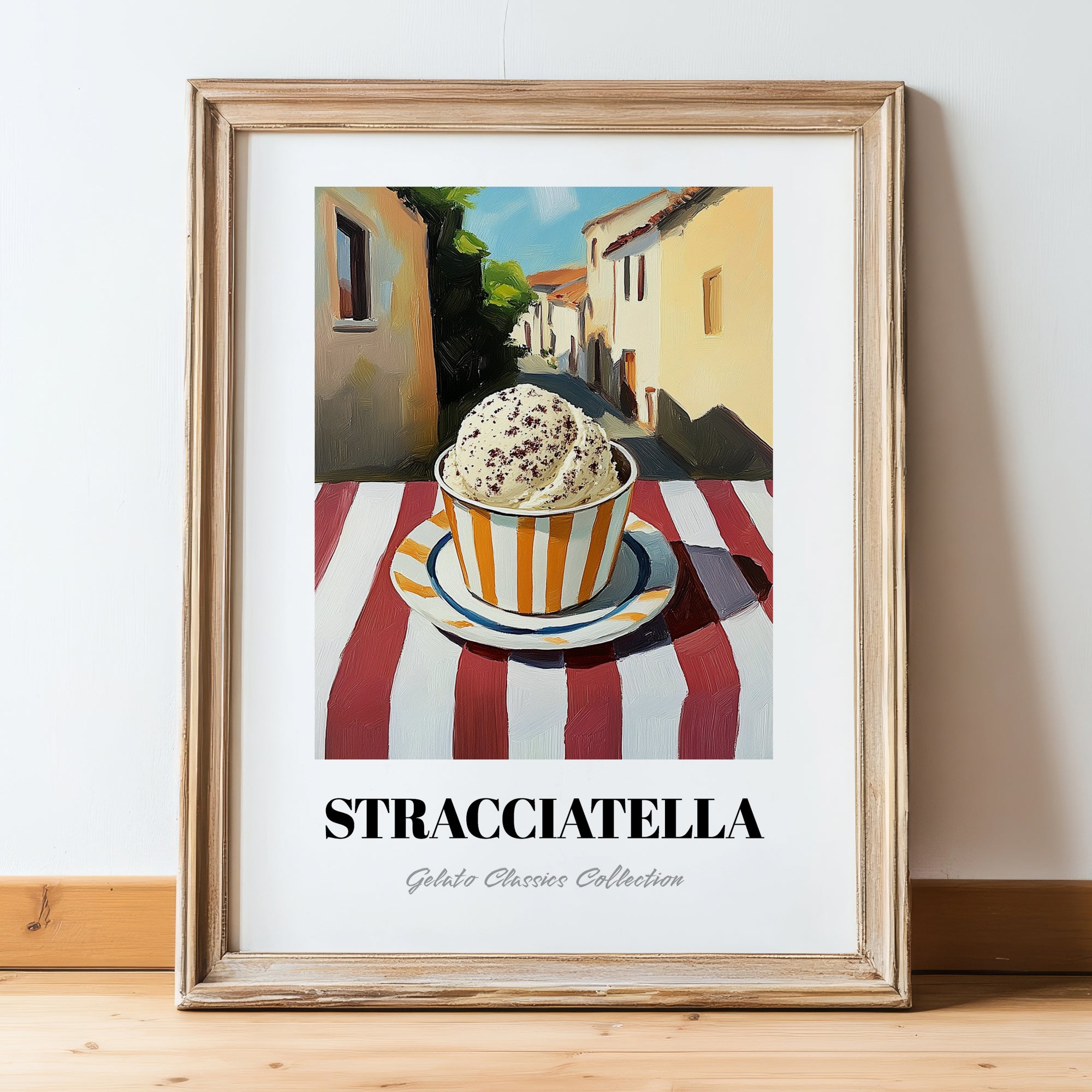 Gelato Stracciatella – Italian Urban Café Scene, Gelato Wall Illustration, in wooden frame leaning on the floor