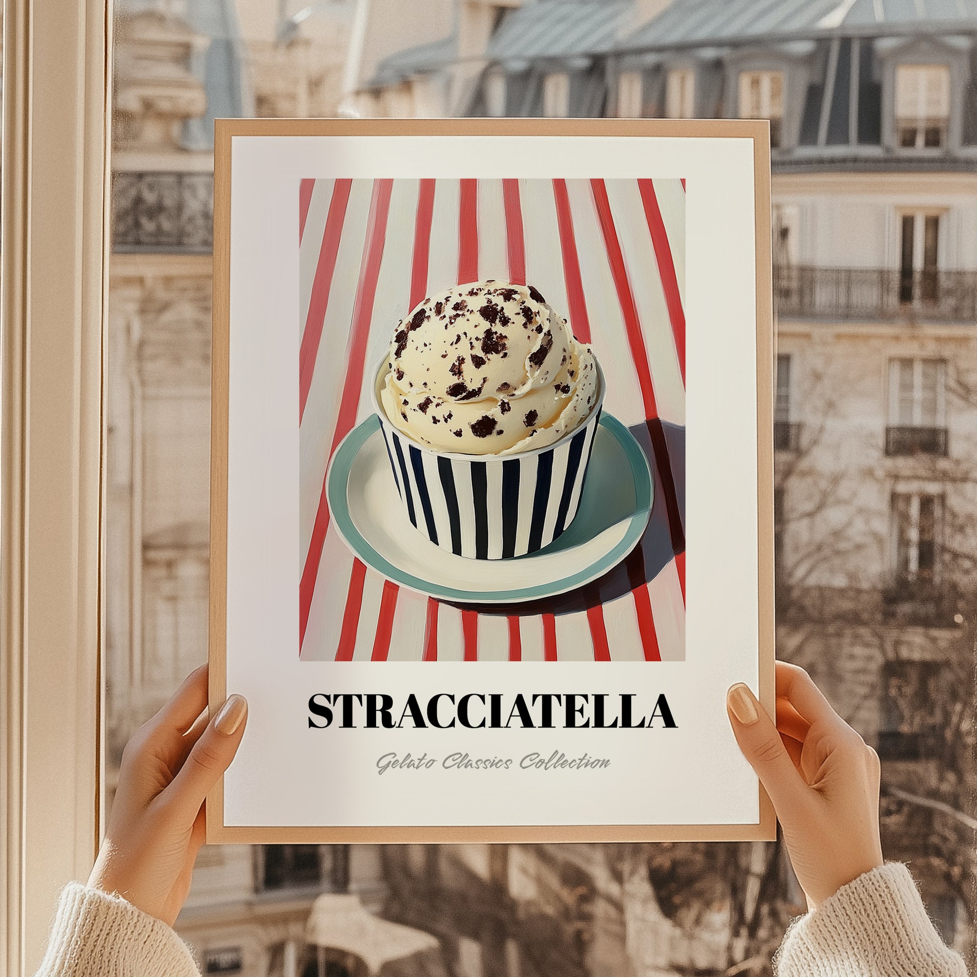 Stracciatella – on Striped Tablecloth, Gelato Wall Painting, styled in a charming Paris street view