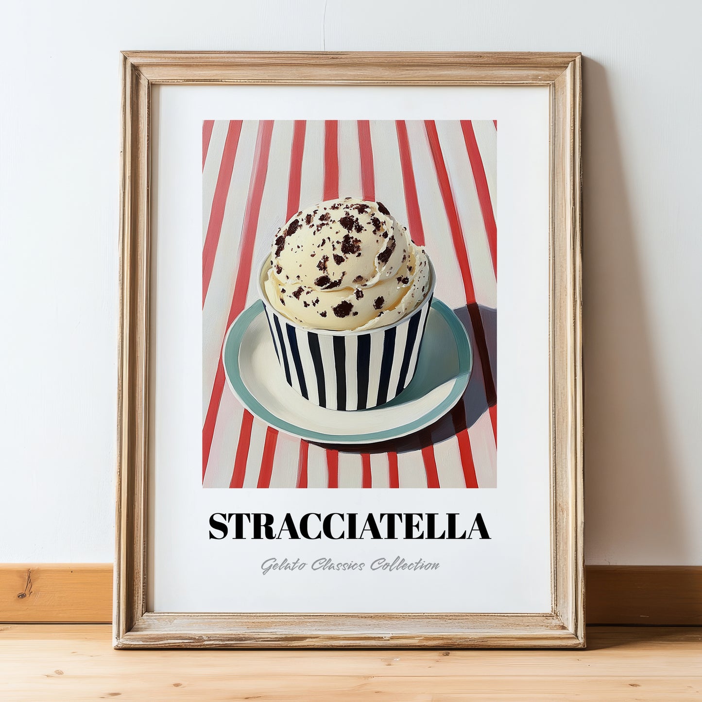 Stracciatella – on Striped Tablecloth, Gelato Wall Painting, in wooden frame leaning on the floor