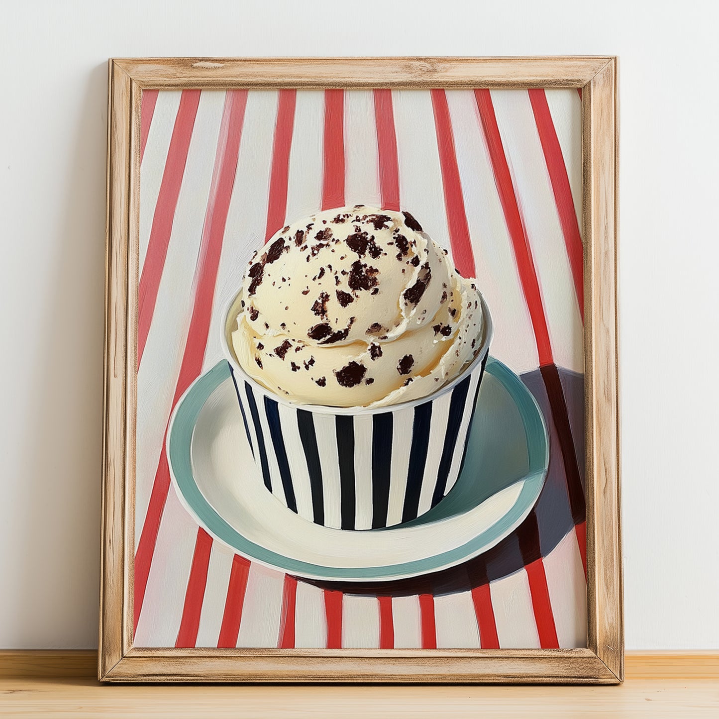 Stracciatella – on Striped Tablecloth, Gelato Wall Painting, no-text version framed in wood