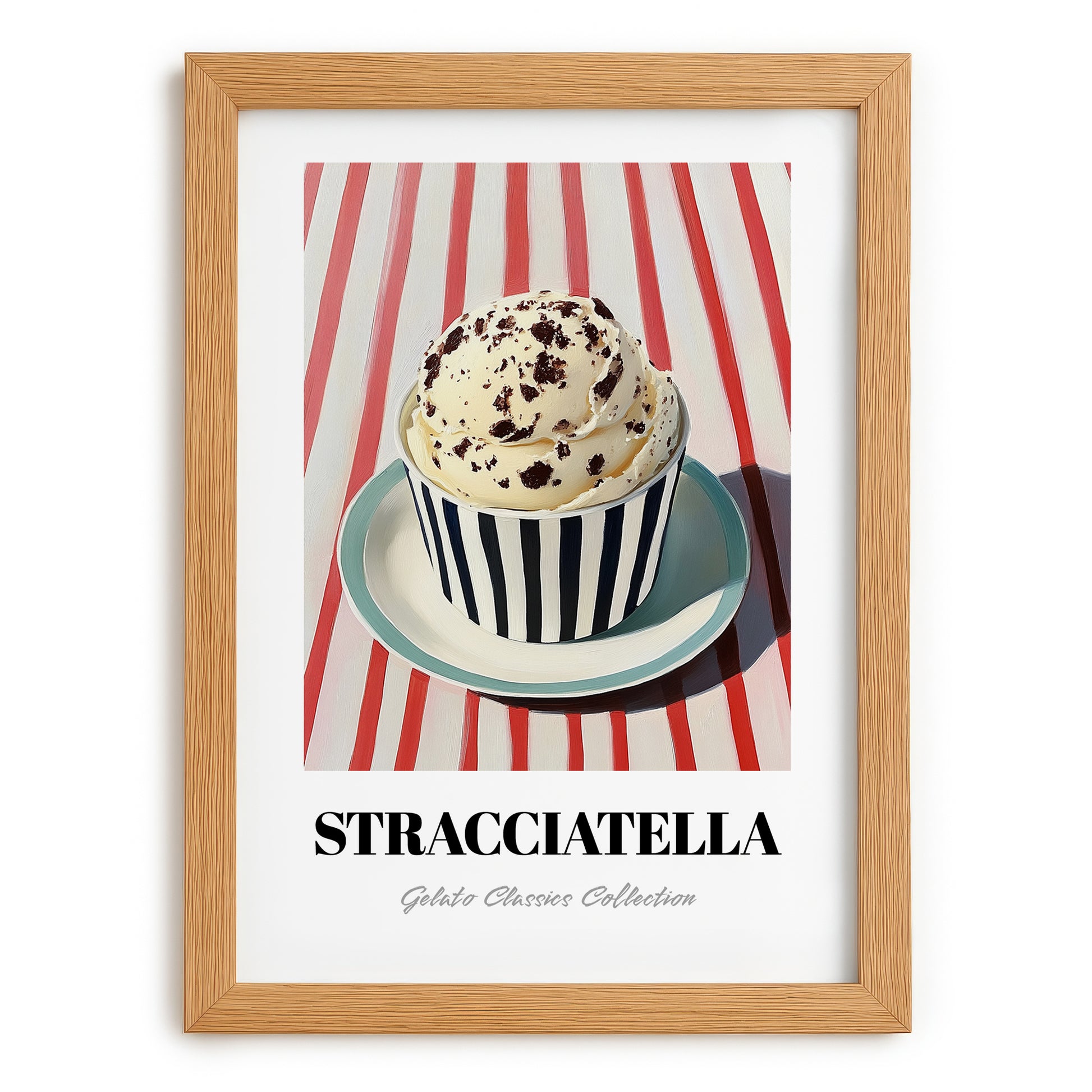 Stracciatella – on Striped Tablecloth, Gelato Wall Painting, set in oak frame