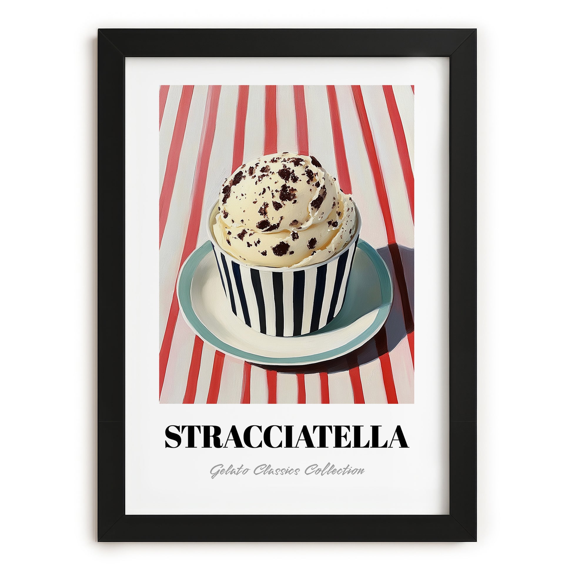 Stracciatella – on Striped Tablecloth, Gelato Wall Painting, in sleek black frame