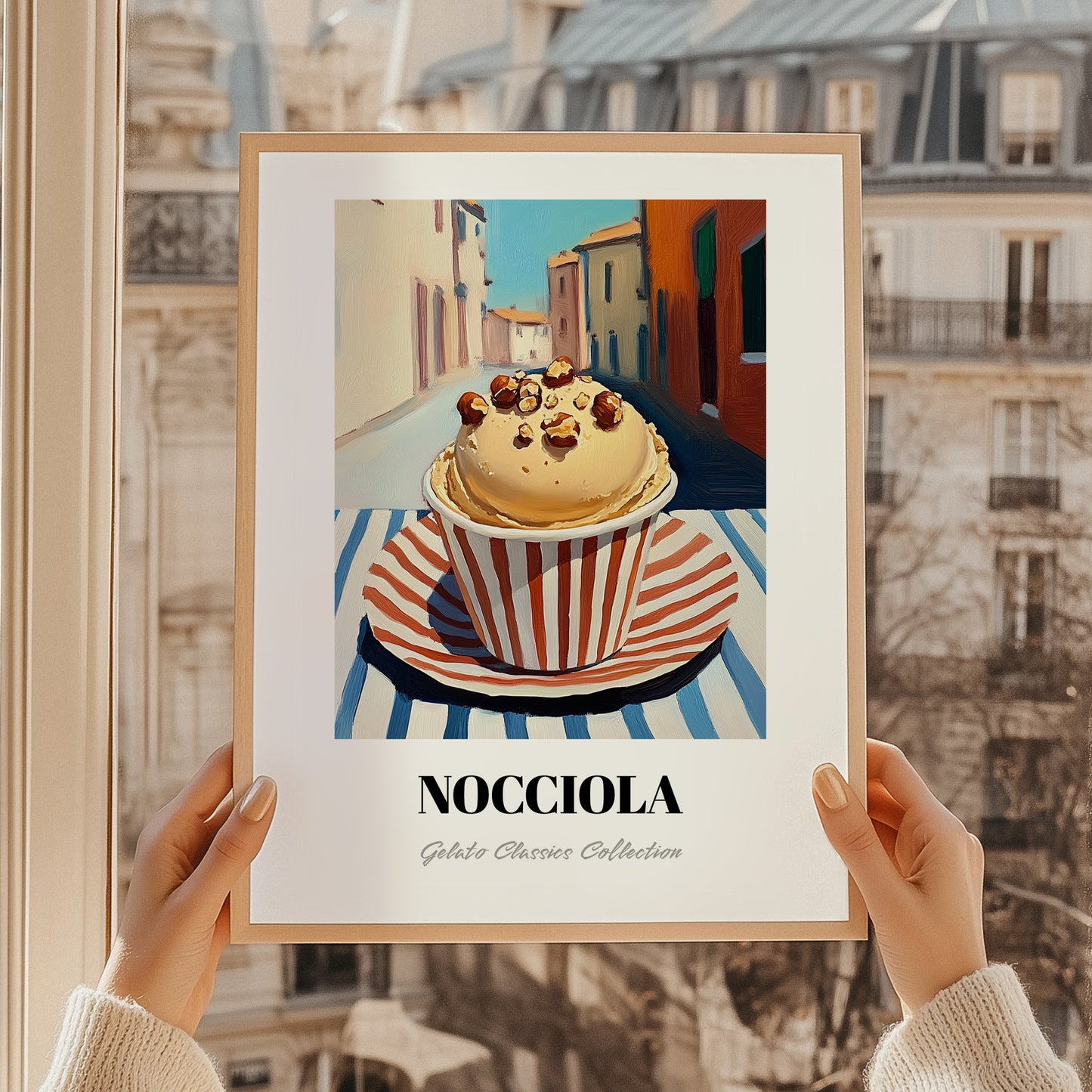 Gelato Nocciola – Italian Outdoor Café Scene, Gelato Poster, styled in a charming Paris street view