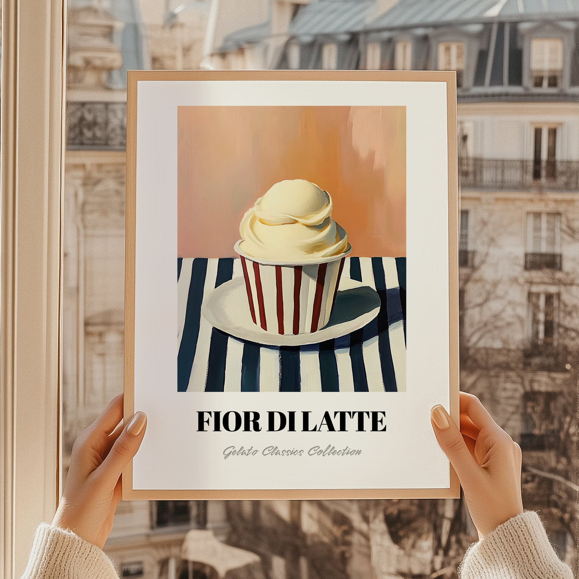 Fior Di Latte – on Striped Tablecloth, Gelato Illustration, styled in a charming Paris street view