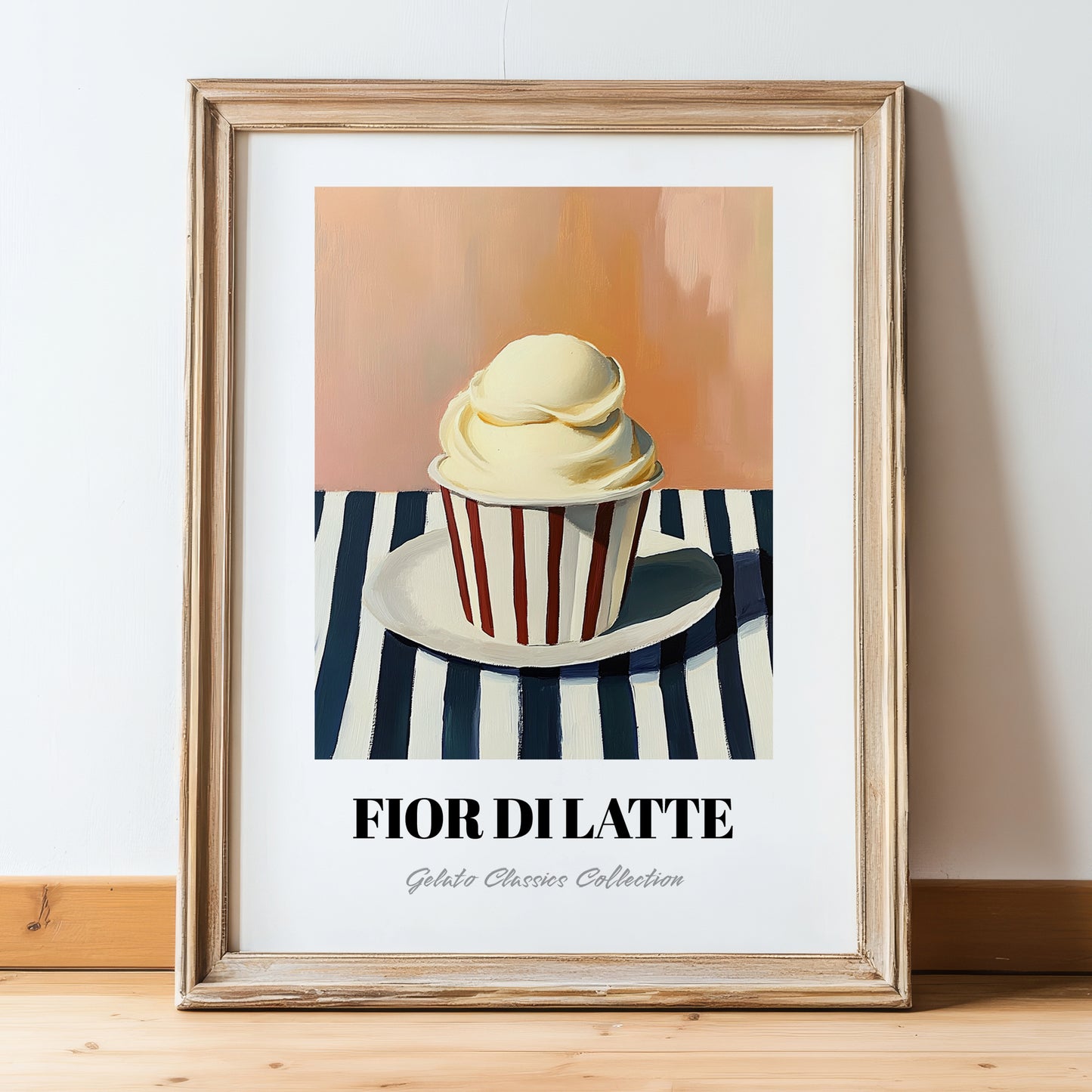 Fior Di Latte – on Striped Tablecloth, Gelato Illustration, in wooden frame leaning on the floor