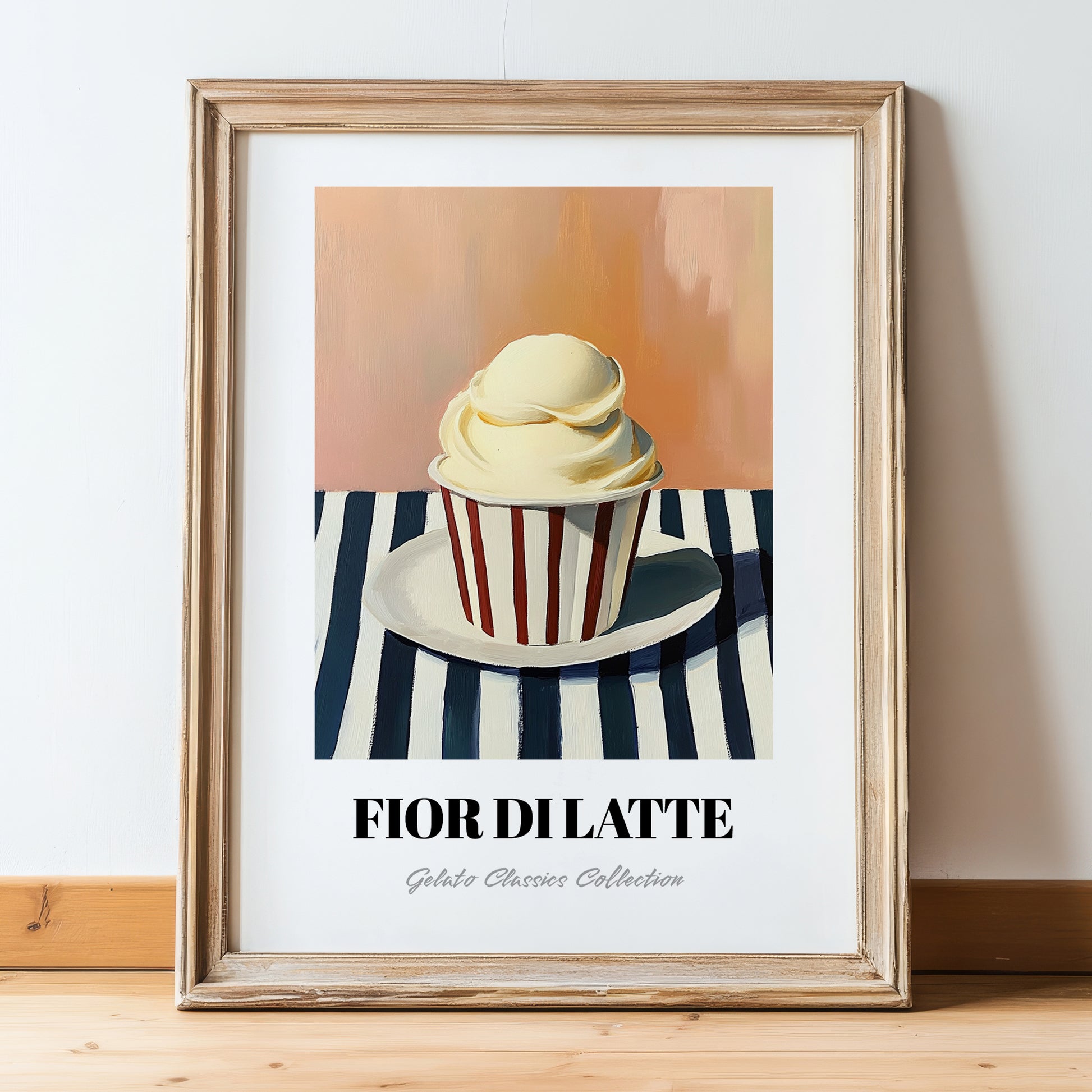 Fior Di Latte – on Striped Tablecloth, Gelato Illustration, in wooden frame leaning on the floor