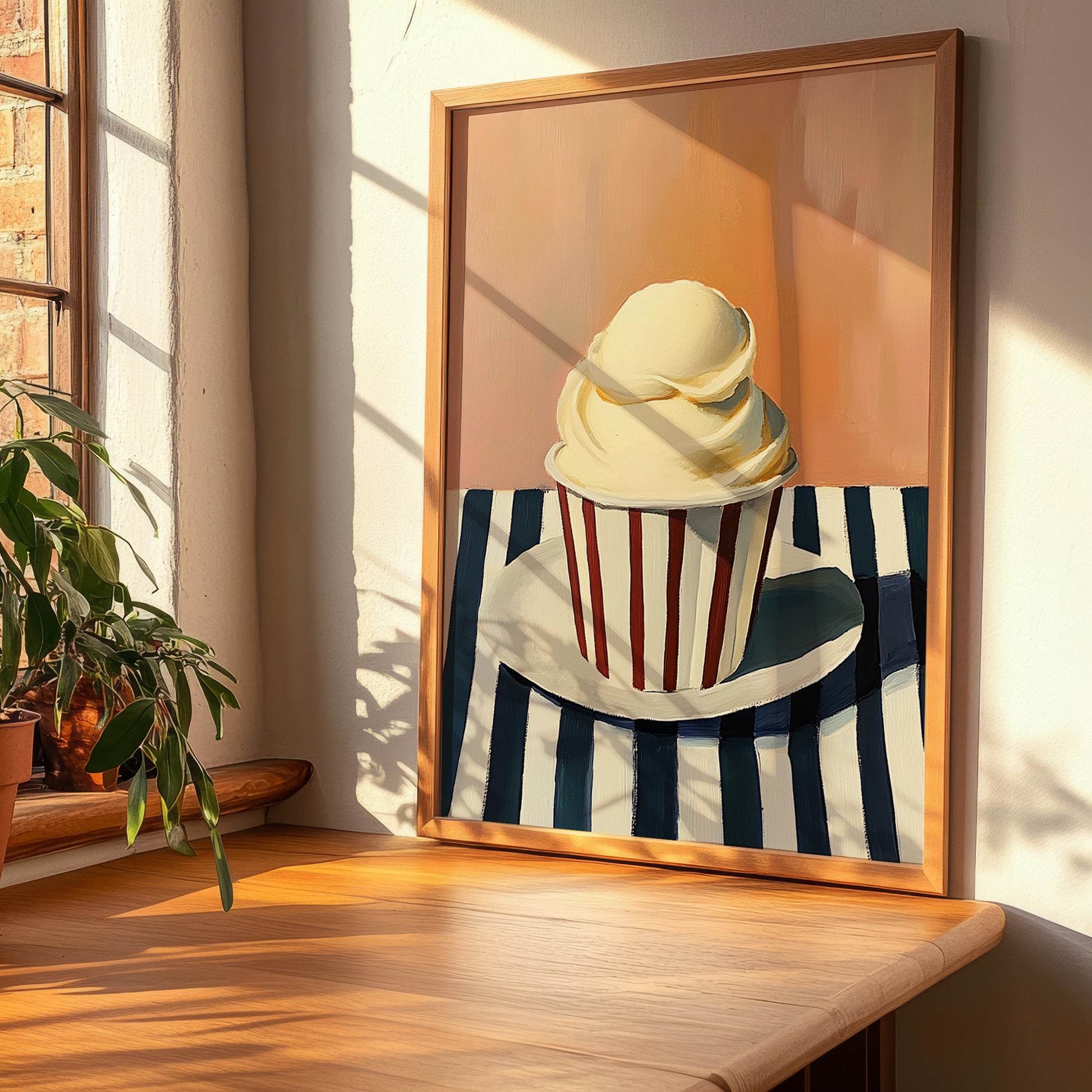 Fior Di Latte – on Striped Tablecloth, Gelato Illustration, clean layout with no caption