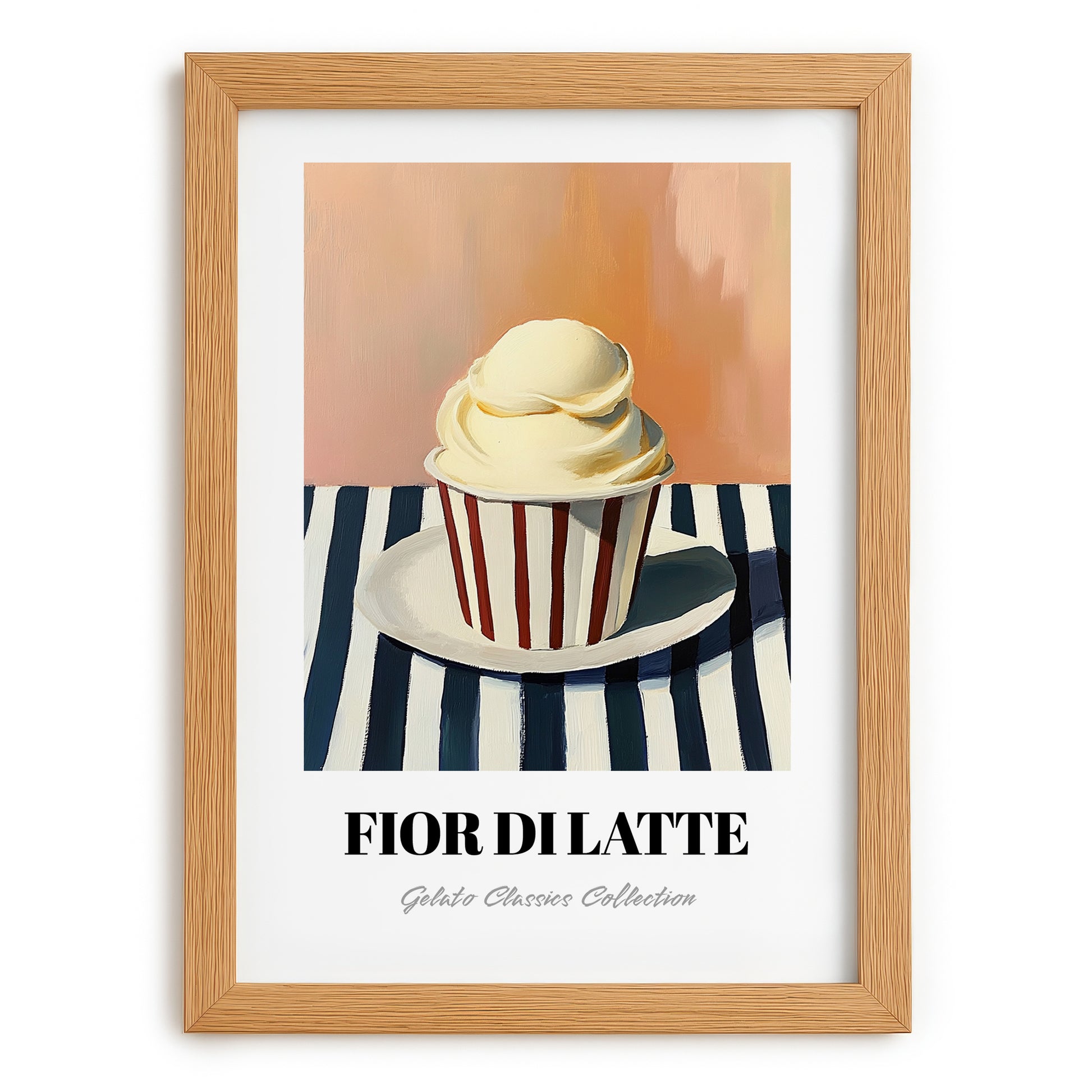 Fior Di Latte – on Striped Tablecloth, Gelato Illustration, set in oak frame