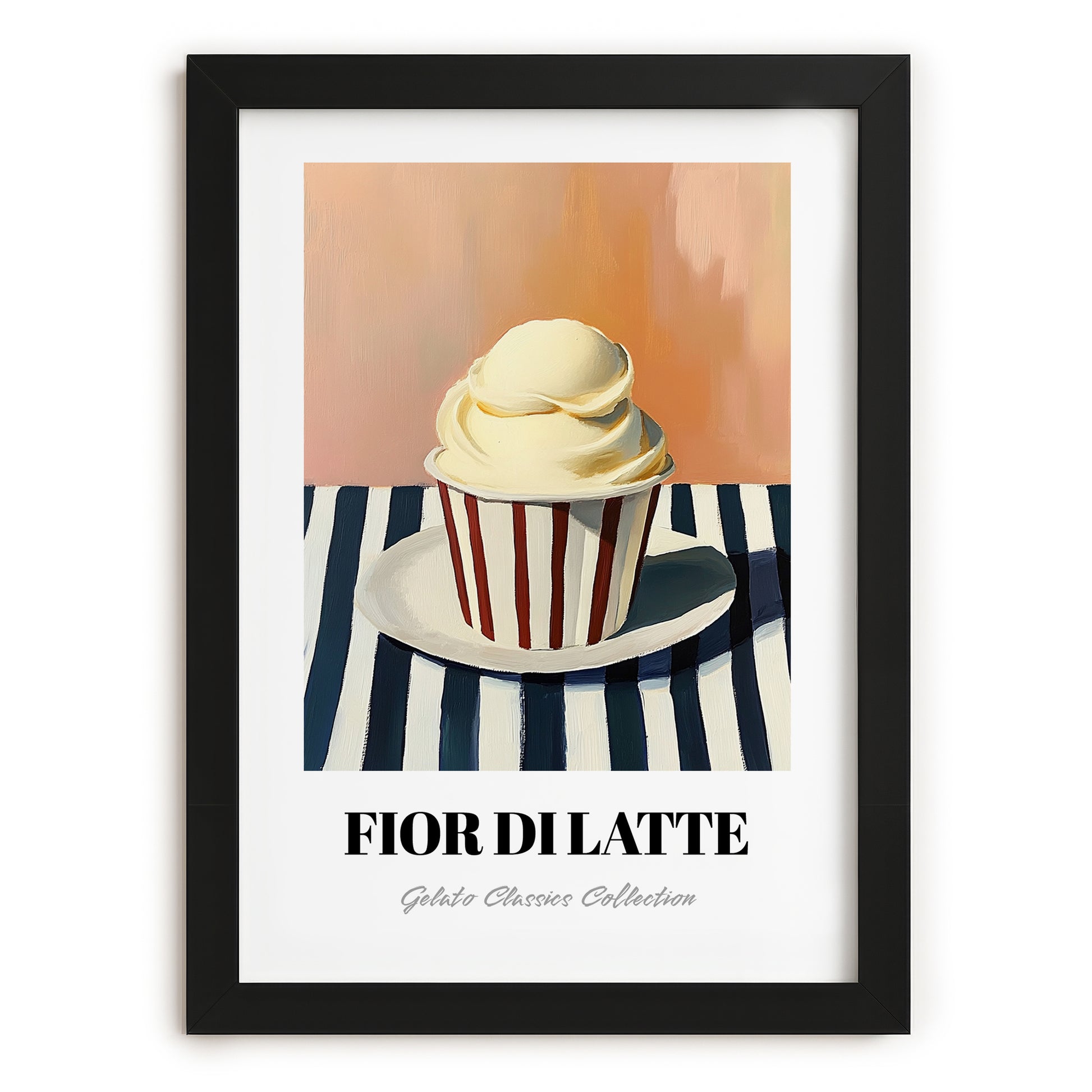 Fior Di Latte – on Striped Tablecloth, Gelato Illustration, in sleek black frame