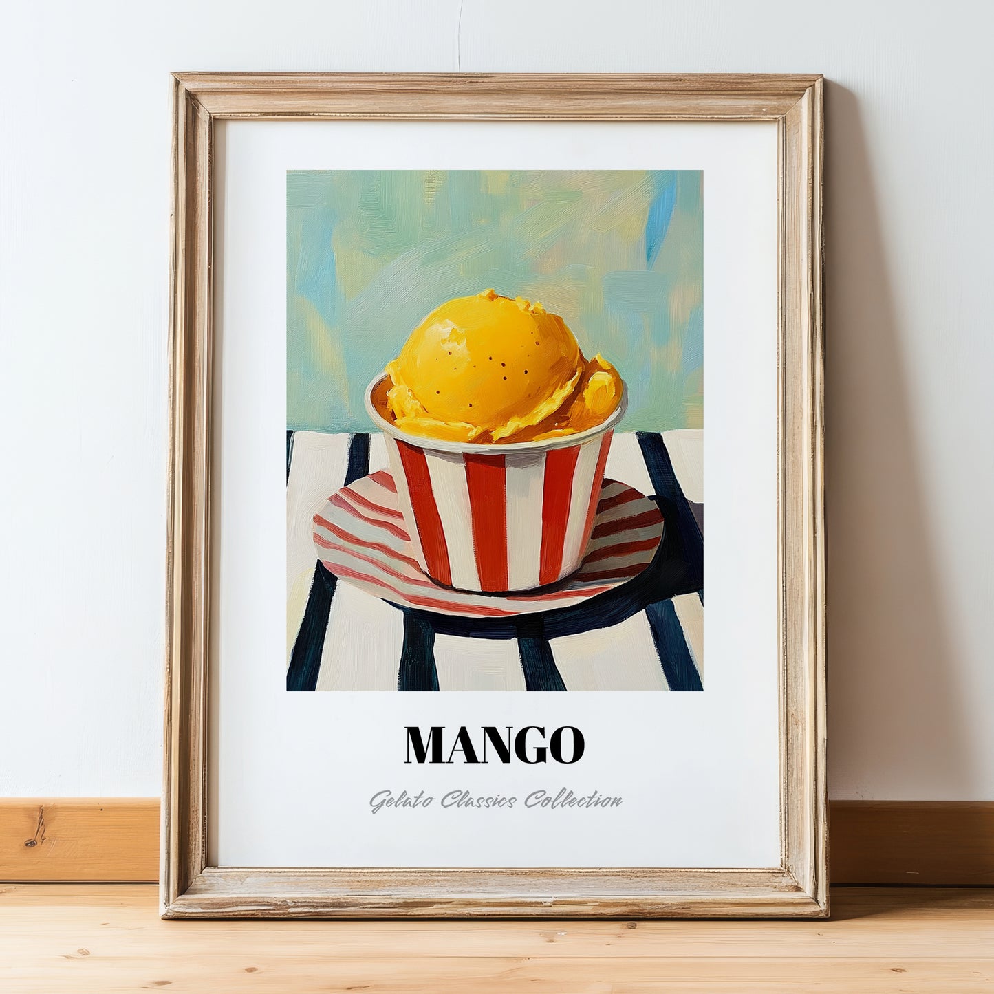 Mango – on Striped Tablecloth, Gelato Wall Poster, in wooden frame leaning on the floor