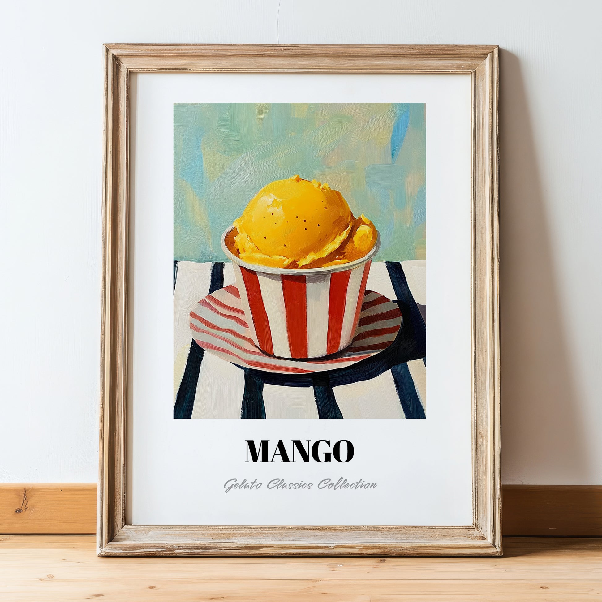 Mango – on Striped Tablecloth, Gelato Wall Poster, in wooden frame leaning on the floor
