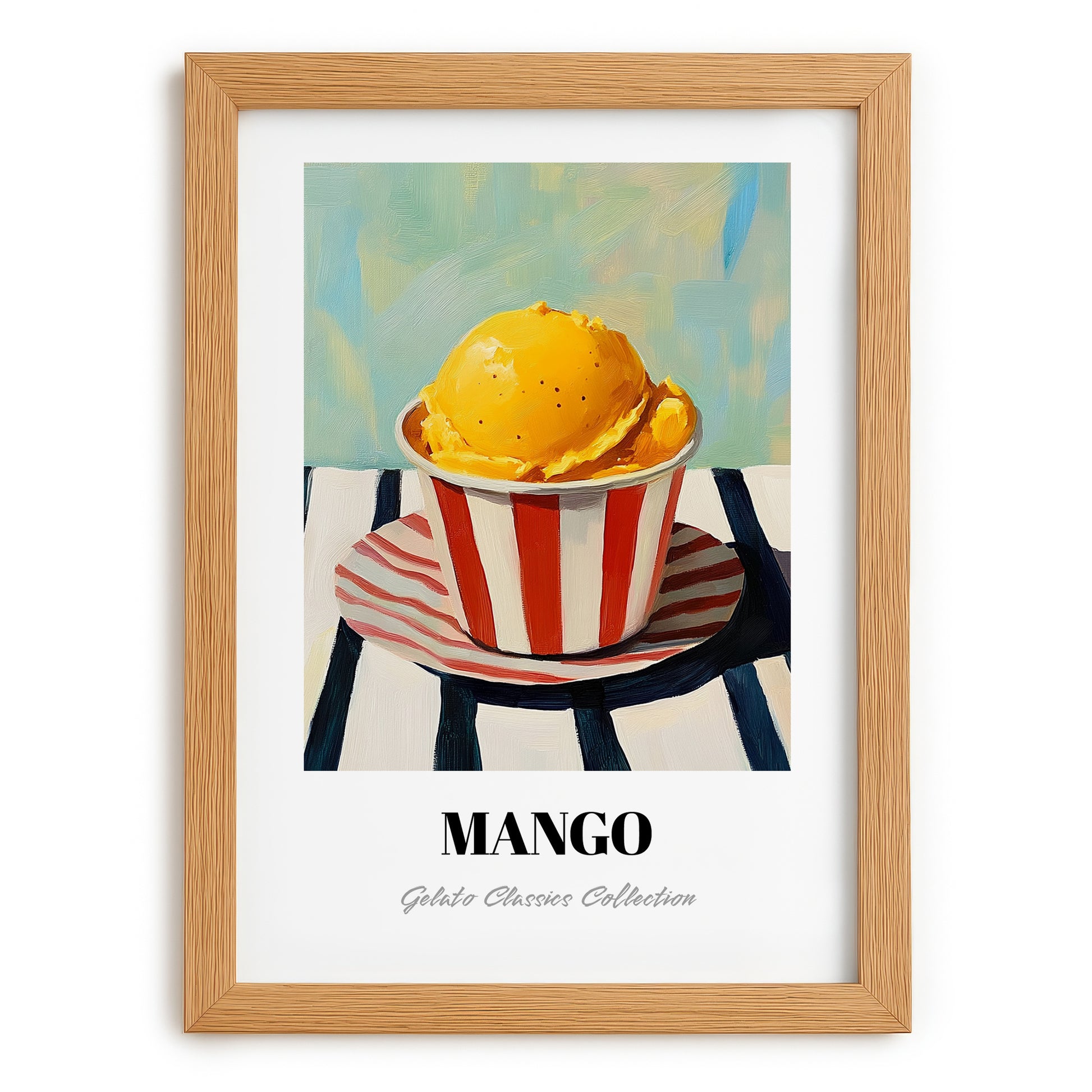 Mango – on Striped Tablecloth, Gelato Wall Poster, set in oak frame
