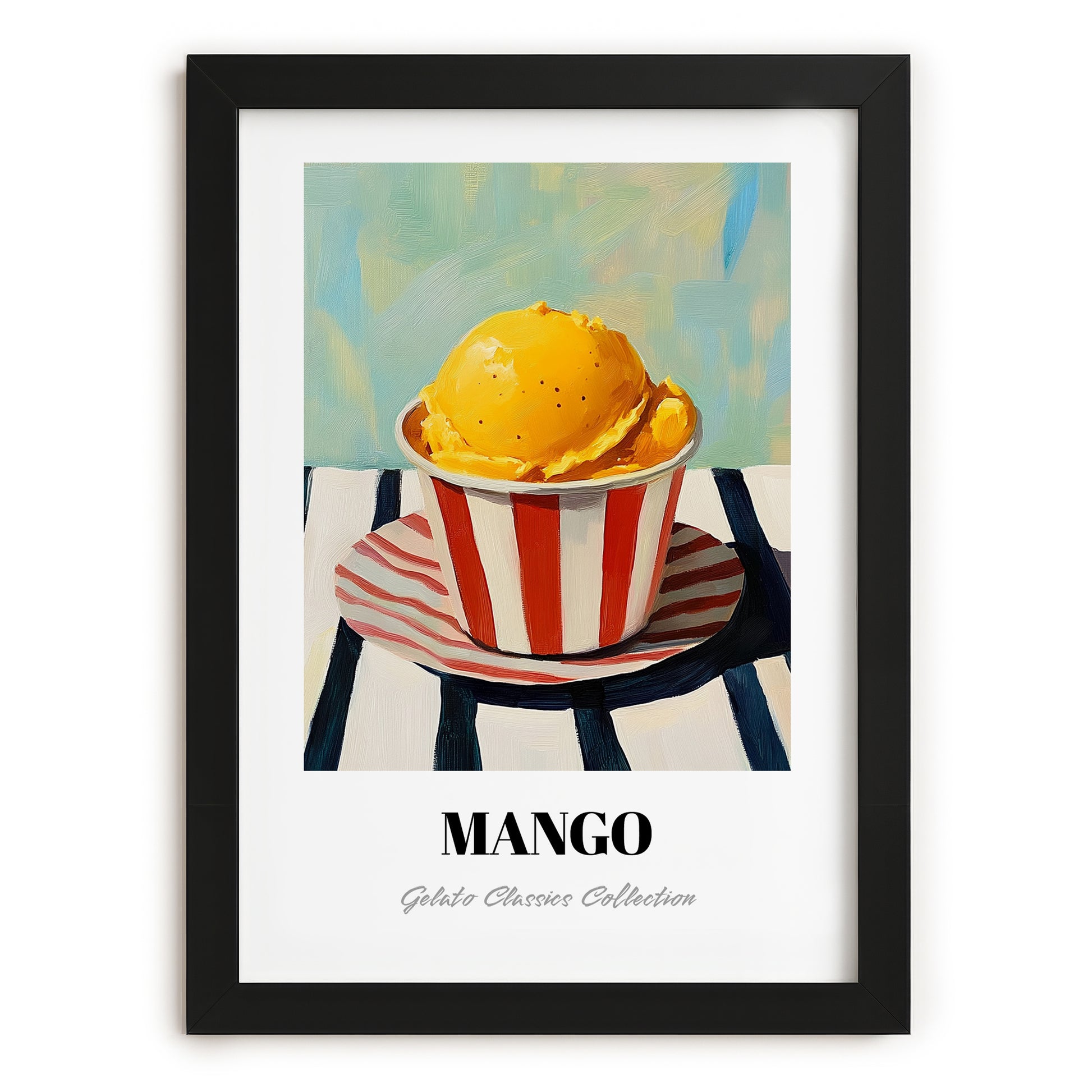 Mango – on Striped Tablecloth, Gelato Wall Poster, in sleek black frame