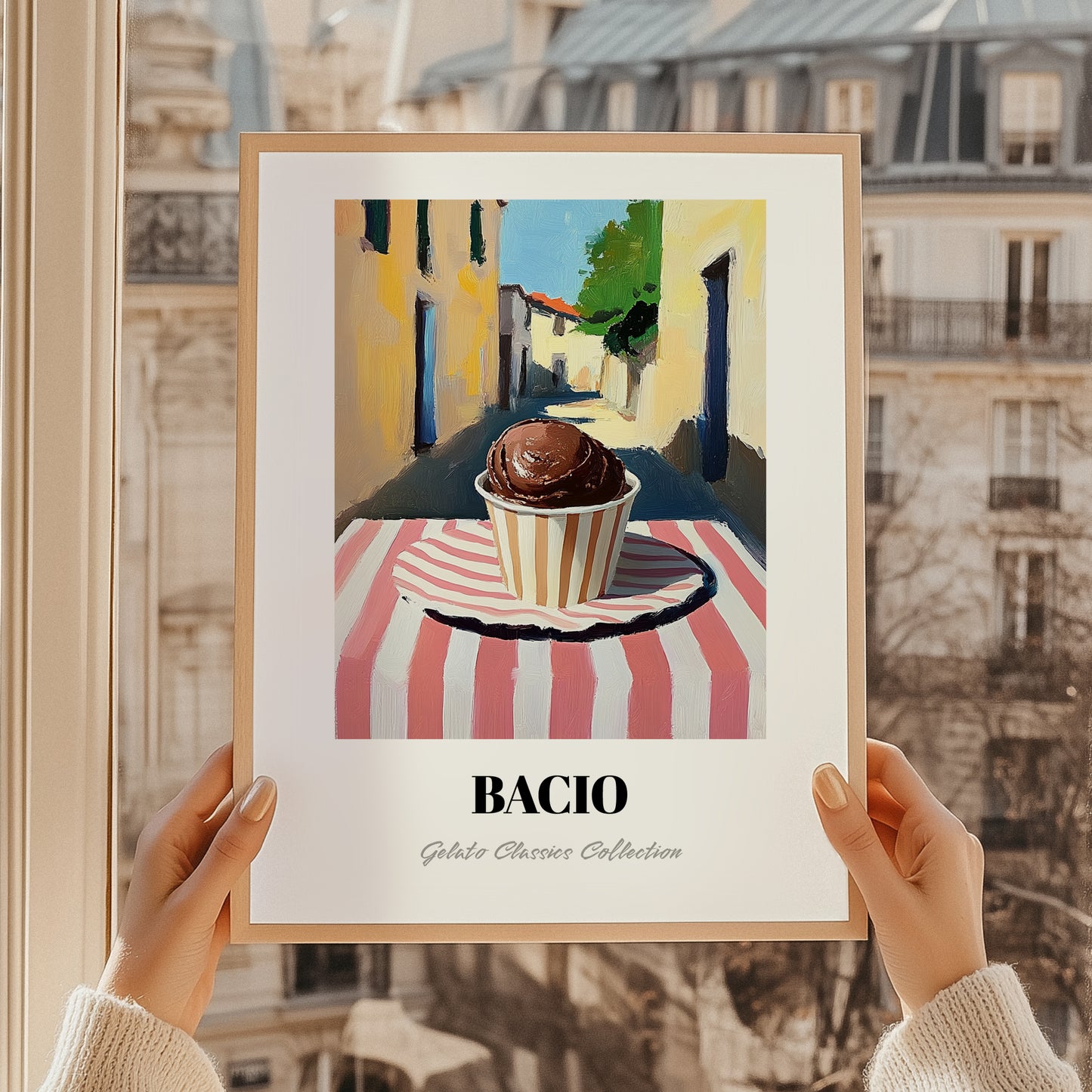 Gelato Bacio – Italian Street Café Scene, Gelato Poster, styled in a charming Paris street view