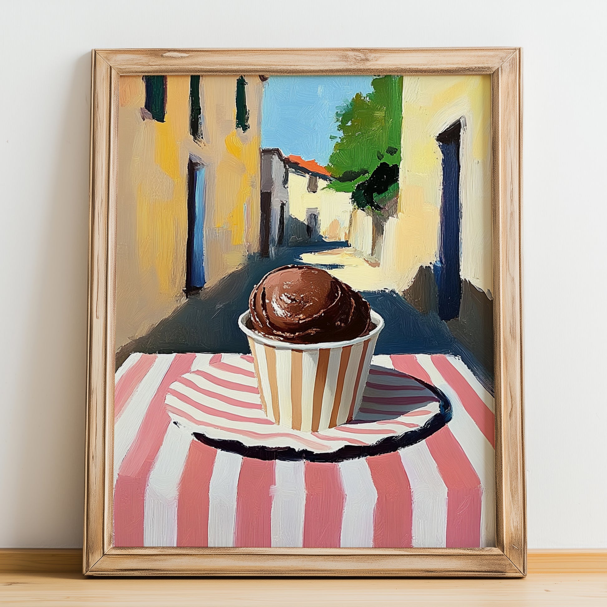 Gelato Bacio – Italian Street Café Scene, Gelato Poster, no-text version framed in wood