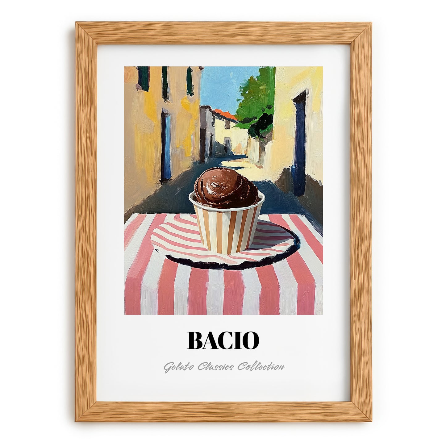 Gelato Bacio – Italian Street Café Scene, Gelato Poster, set in oak frame