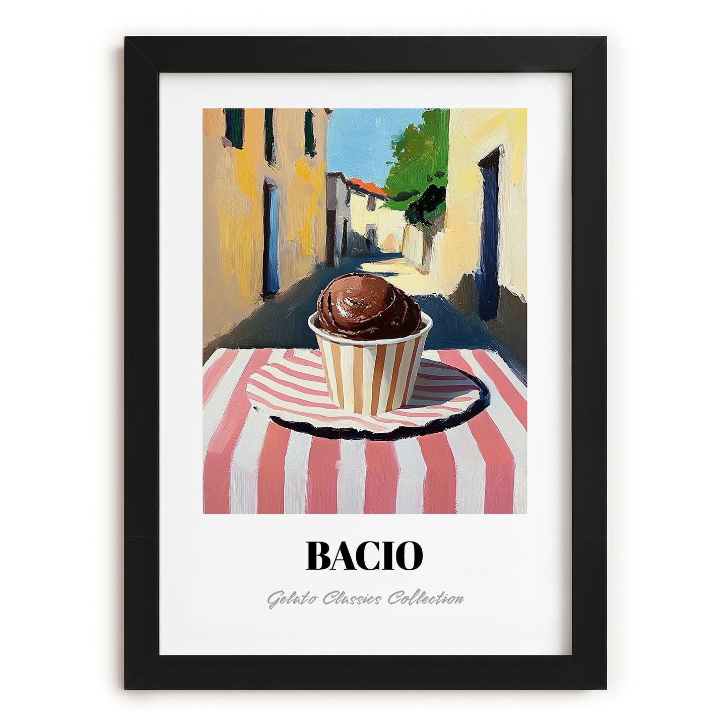 Gelato Bacio – Italian Street Café Scene, Gelato Poster, in sleek black frame