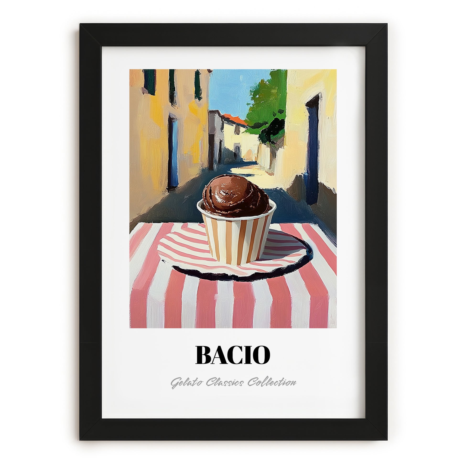 Gelato Bacio – Italian Street Café Scene, Gelato Poster, in sleek black frame