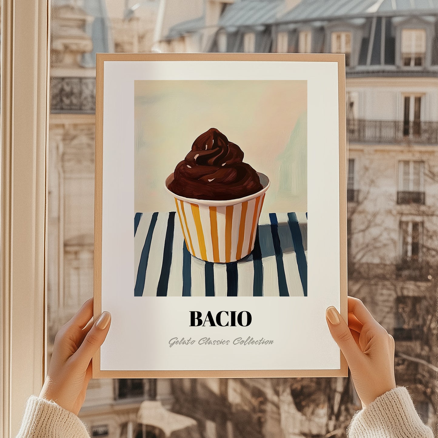 Bacio – on Striped Tablecloth, Gelato Painting, styled in a charming Paris street view
