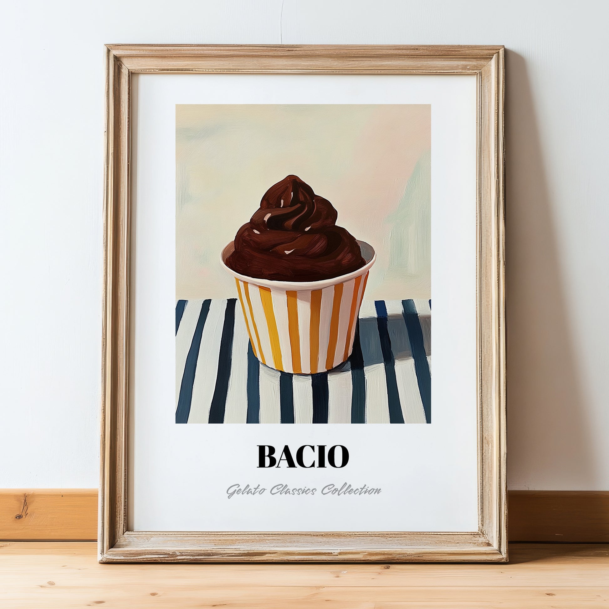 Bacio – on Striped Tablecloth, Gelato Painting, in wooden frame leaning on the floor