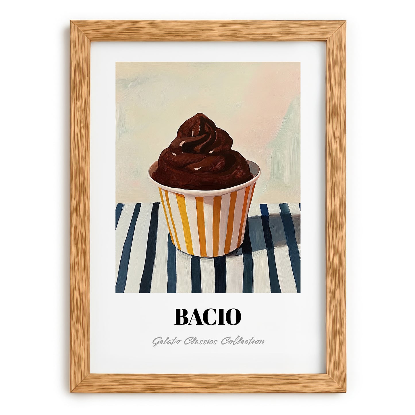 Bacio – on Striped Tablecloth, Gelato Painting, set in oak frame