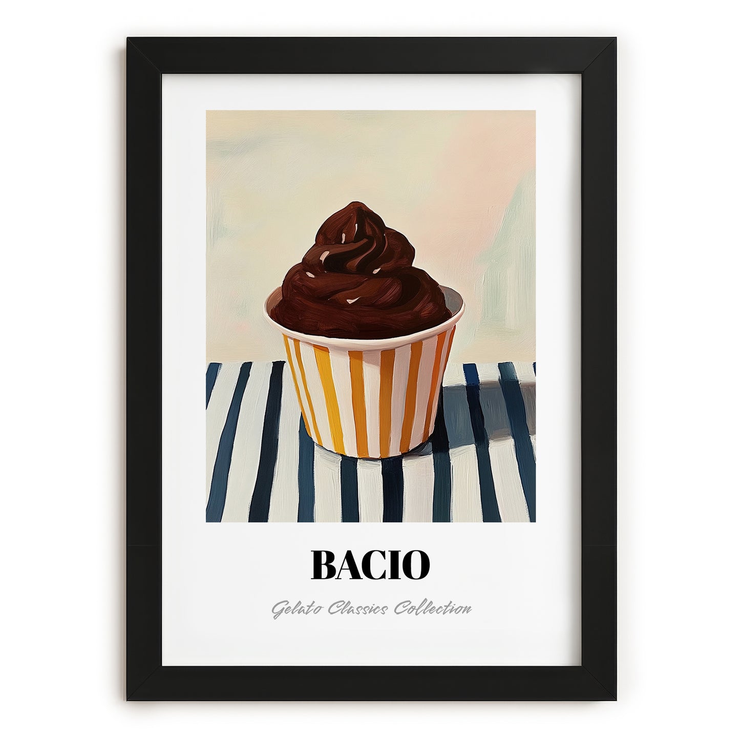 Bacio – on Striped Tablecloth, Gelato Painting, in sleek black frame