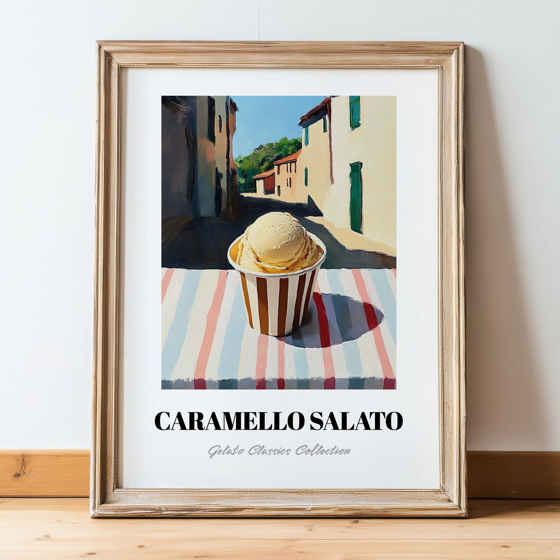 Gelato Caramello Salato – Italian Street Café Scene, Gelato Illustration, in wooden frame leaning on the floor