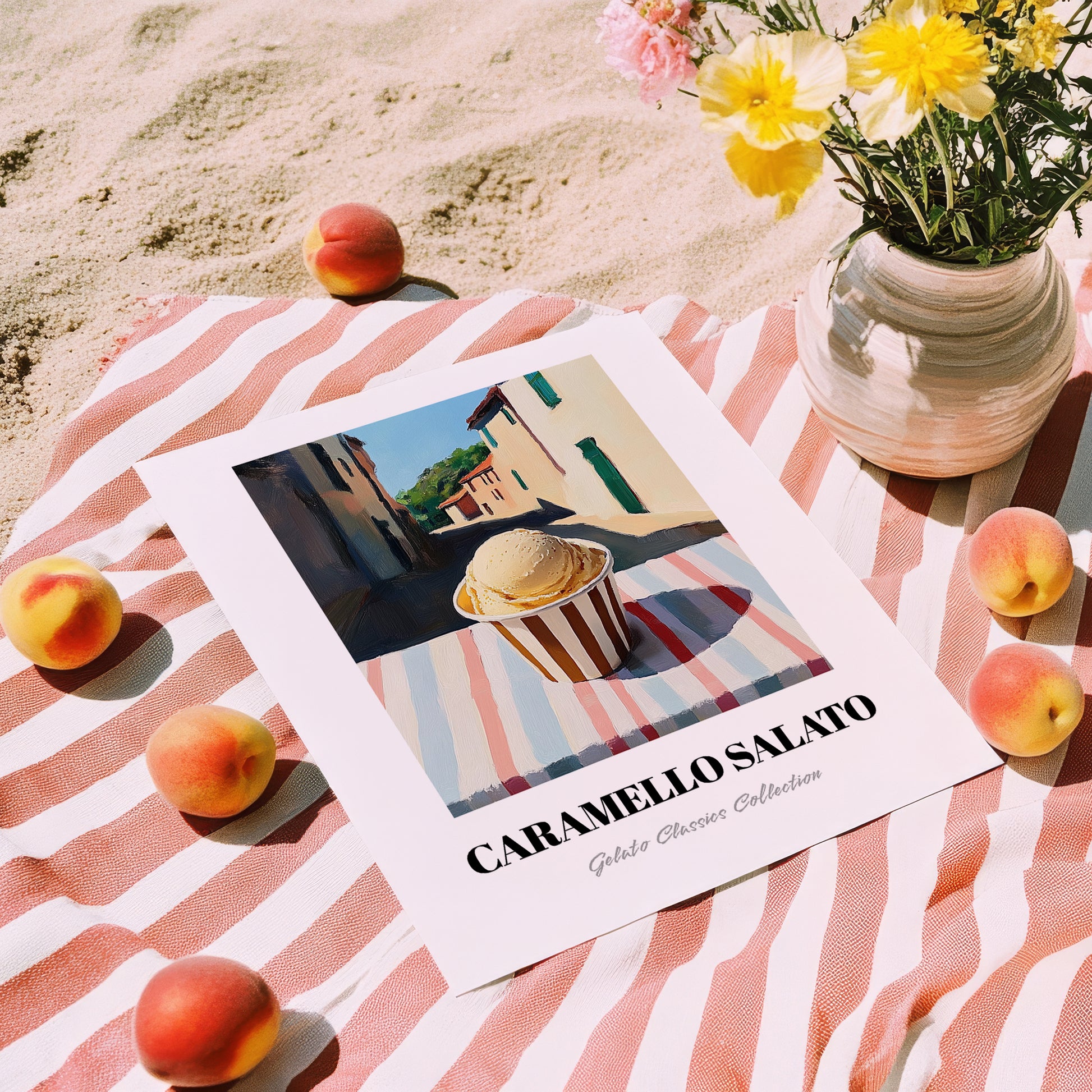 Gelato Caramello Salato – Italian Street Café Scene, Gelato Illustration, unframed on coastal sand