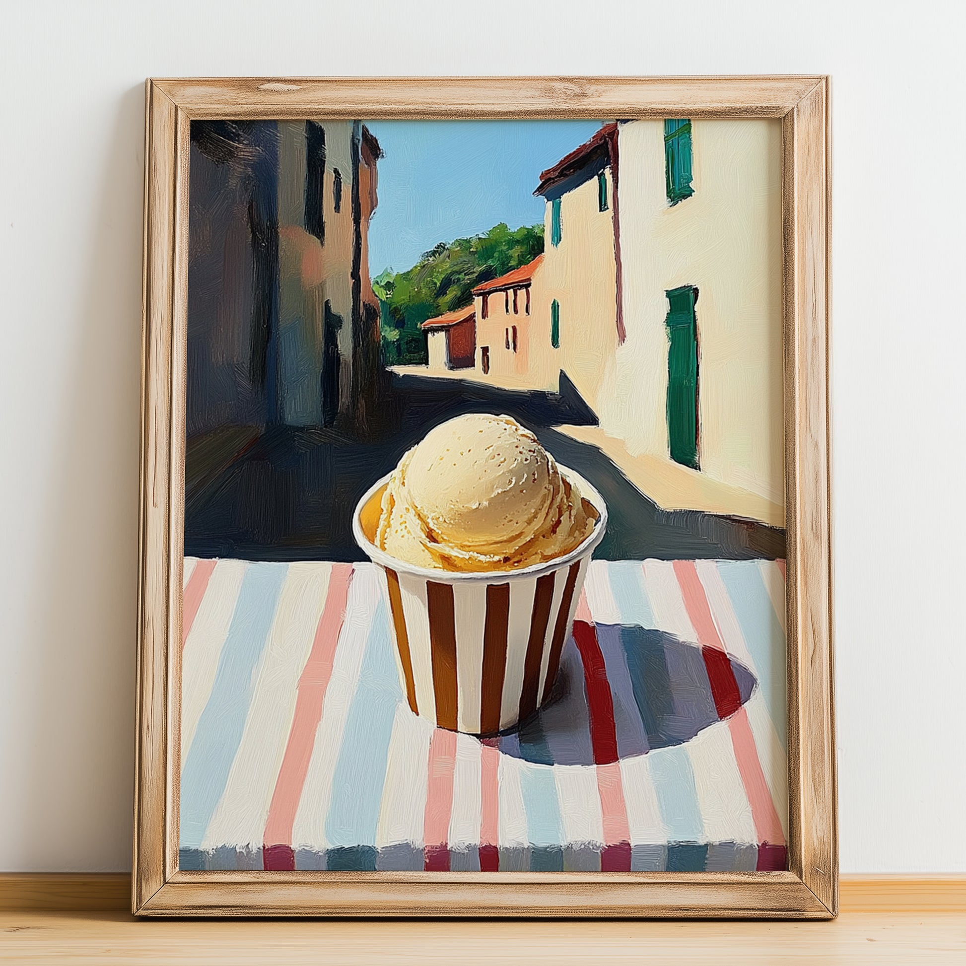 Gelato Caramello Salato – Italian Street Café Scene, Gelato Illustration, no-text version framed in wood