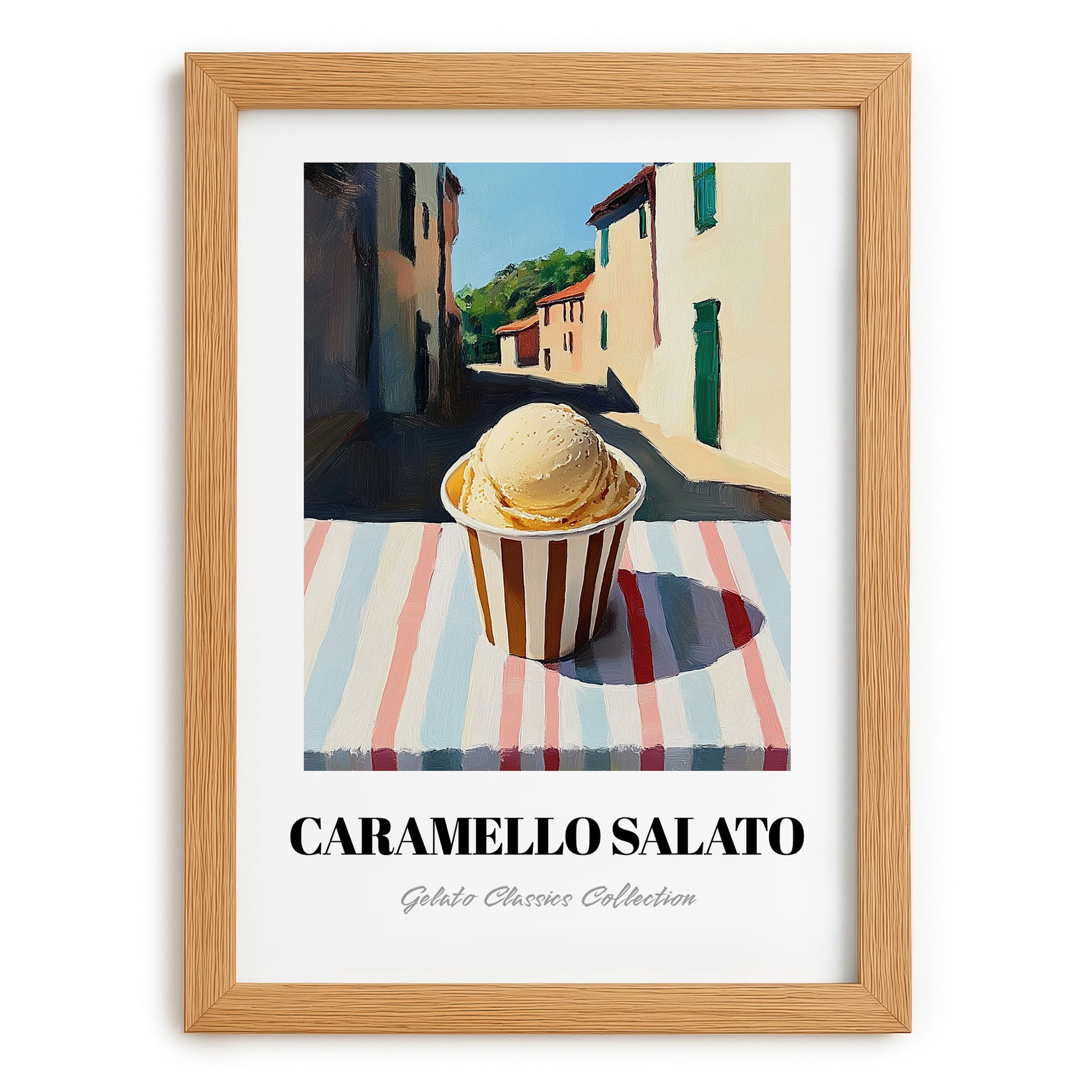 Gelato Caramello Salato – Italian Street Café Scene, Gelato Illustration, set in oak frame