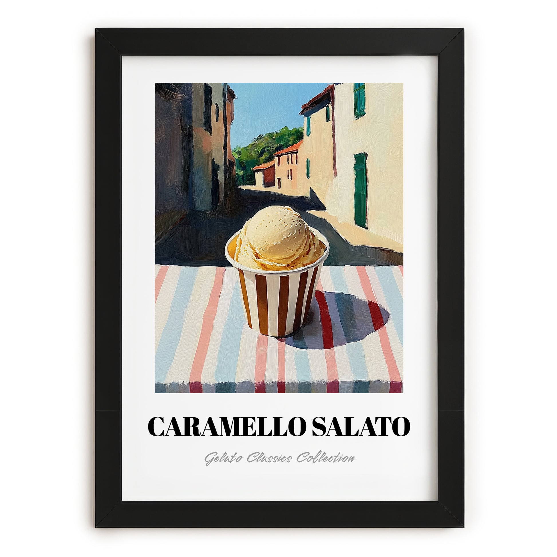 Gelato Caramello Salato – Italian Street Café Scene, Gelato Illustration, in sleek black frame