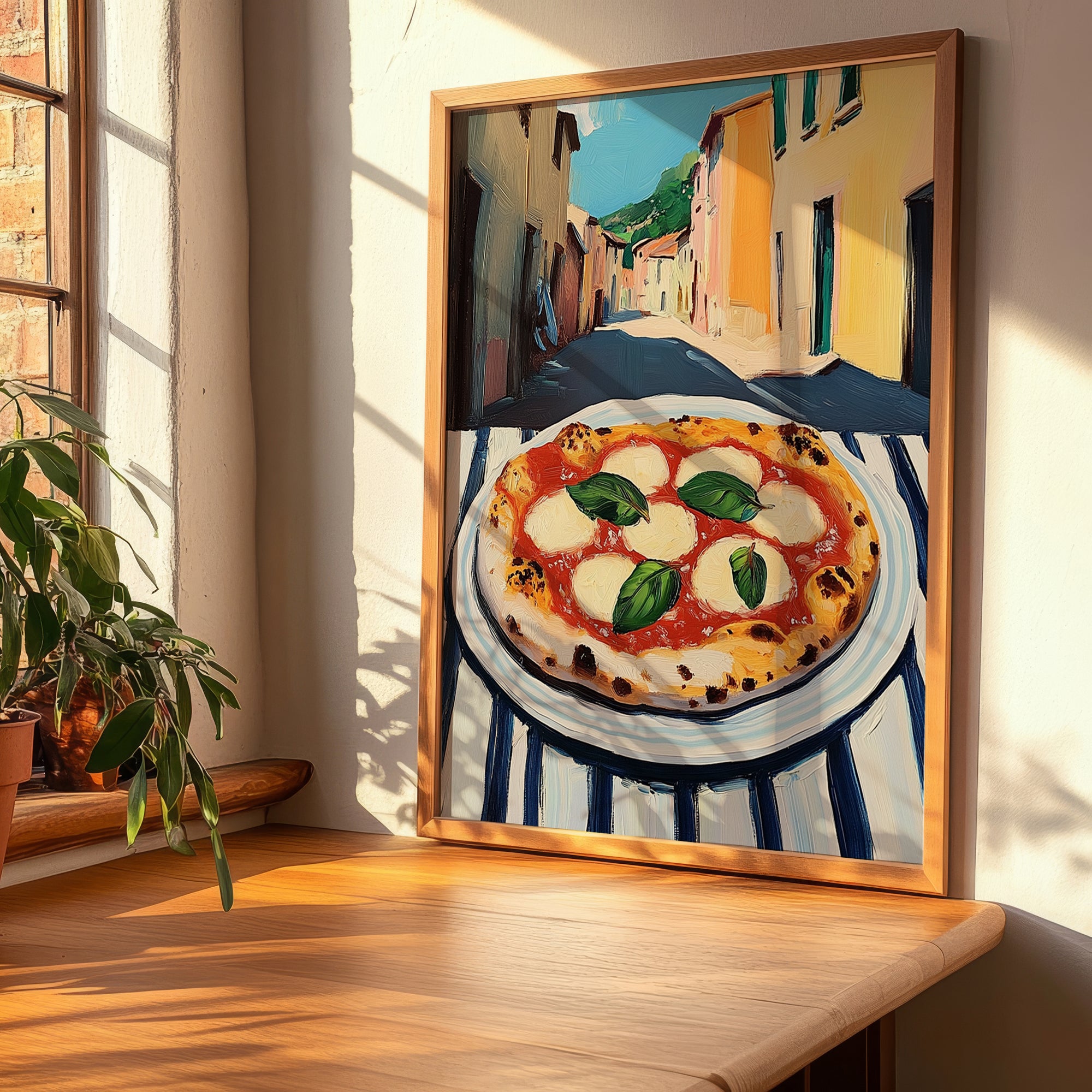 Pizza Margherita – Italian Urban Café Scene, Pizza Still Life, clean layout with no caption