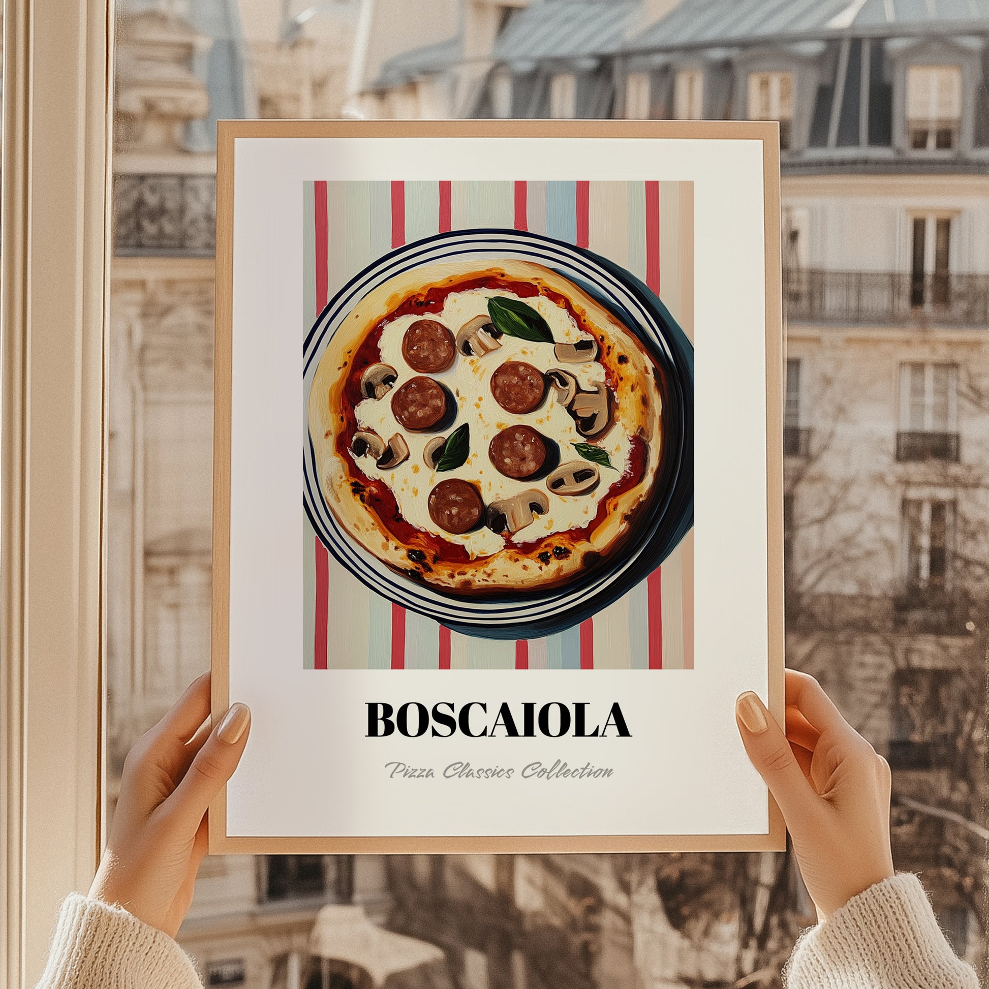 Boscaiola – on Striped Tablecloth, Pizza Wall Decor, styled in a charming Paris street view