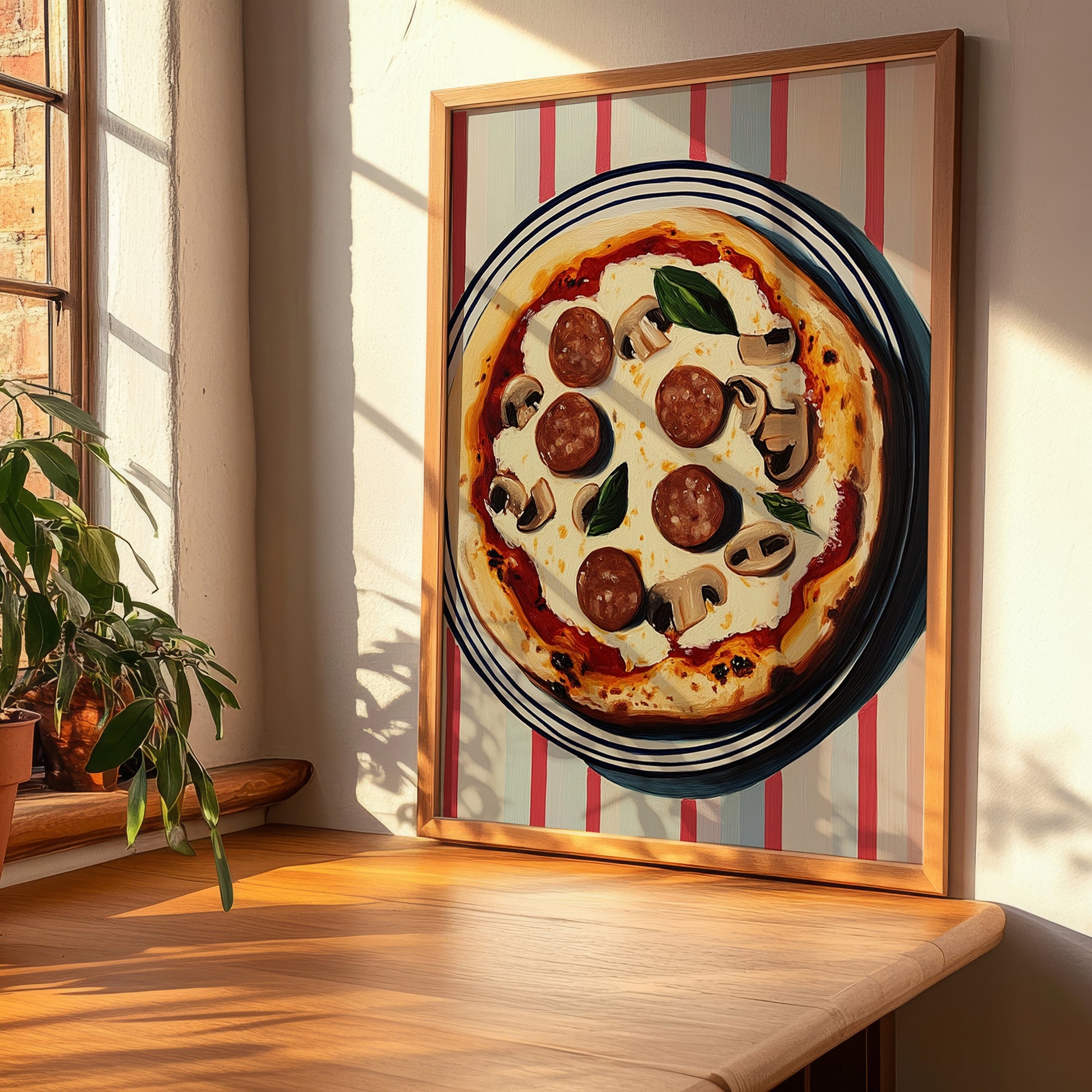 Boscaiola – on Striped Tablecloth, Pizza Wall Decor, clean layout with no caption