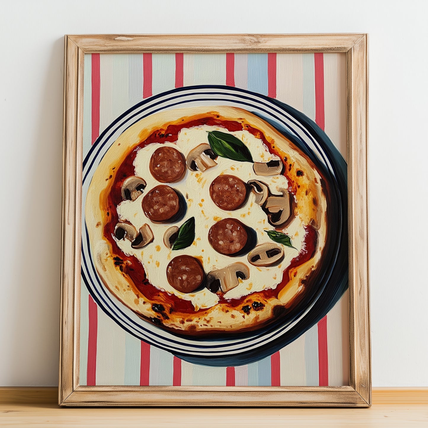 Boscaiola – on Striped Tablecloth, Pizza Wall Decor, no-text version framed in wood