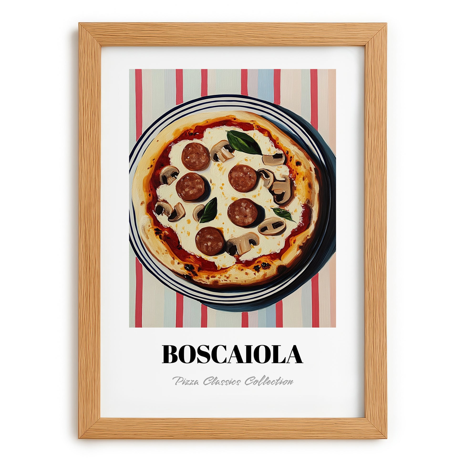 Boscaiola – on Striped Tablecloth, Pizza Wall Decor, set in oak frame